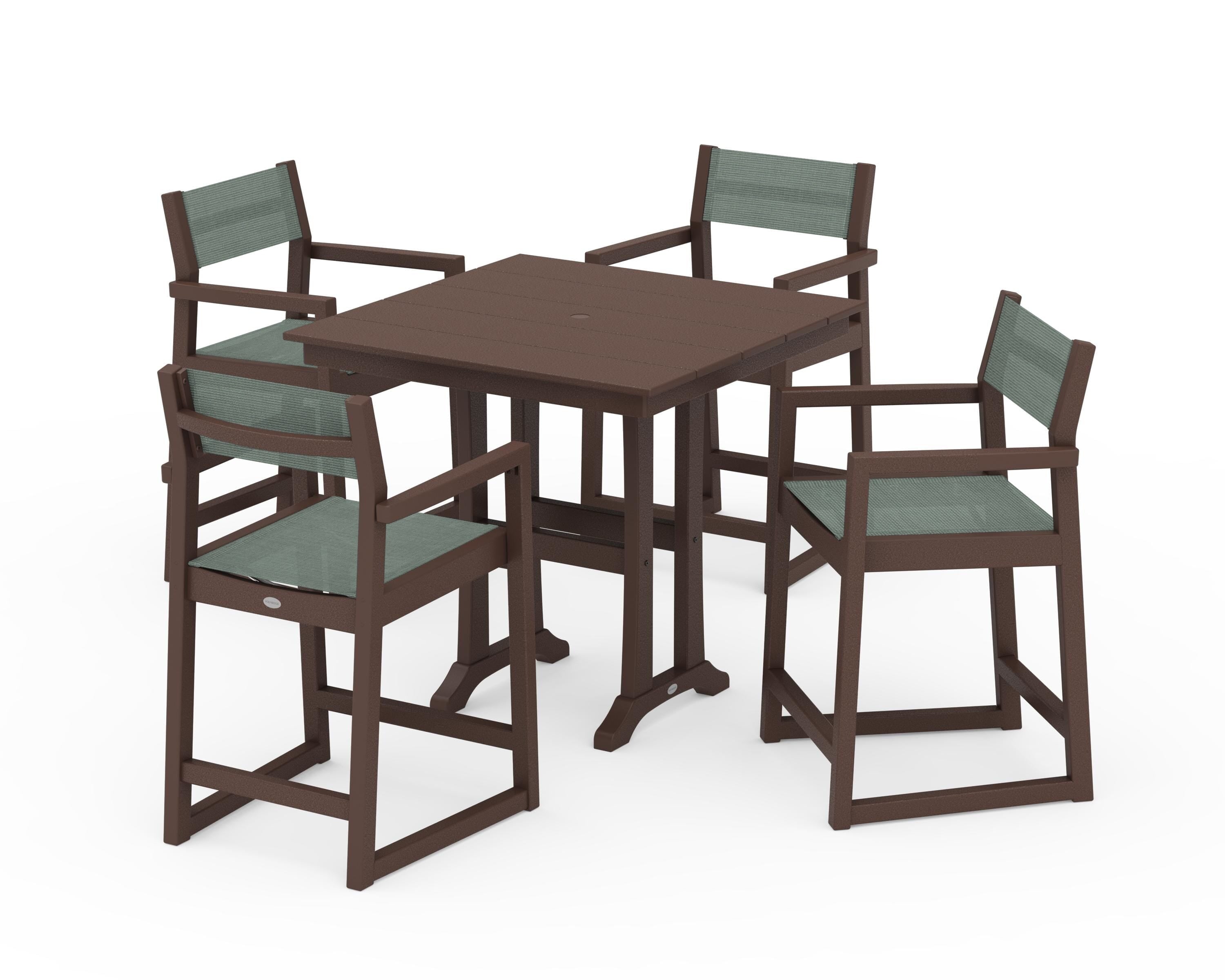 POLYWOOD EDGE Sling Arm Chair 5-Piece Farmhouse Counter Set with Trestle Legs in Mahogany / Dupioni Sea Mist Sling