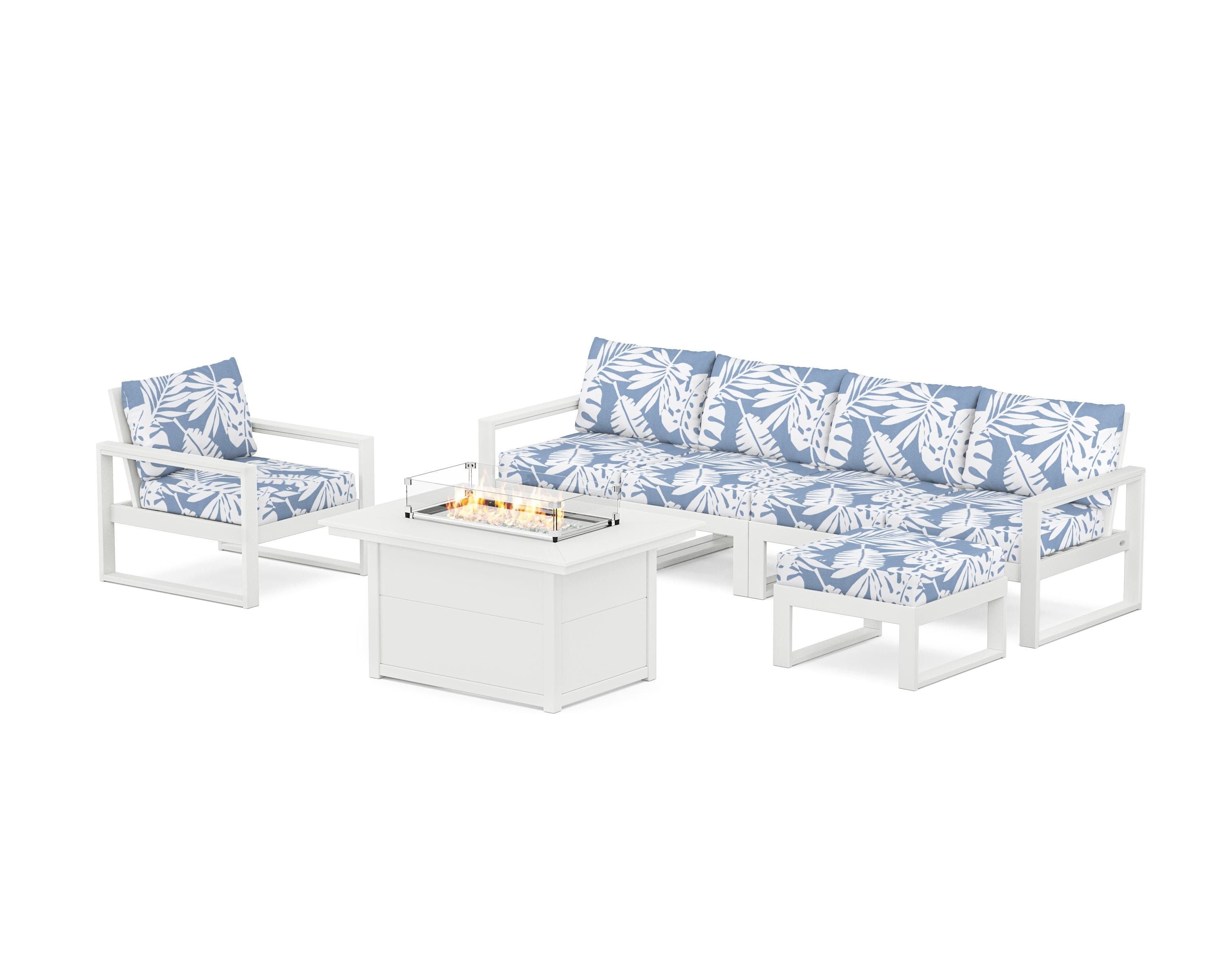 POLYWOOD EDGE Sectional Lounge and Fire Pit Set in White / Leaf Sky Blue