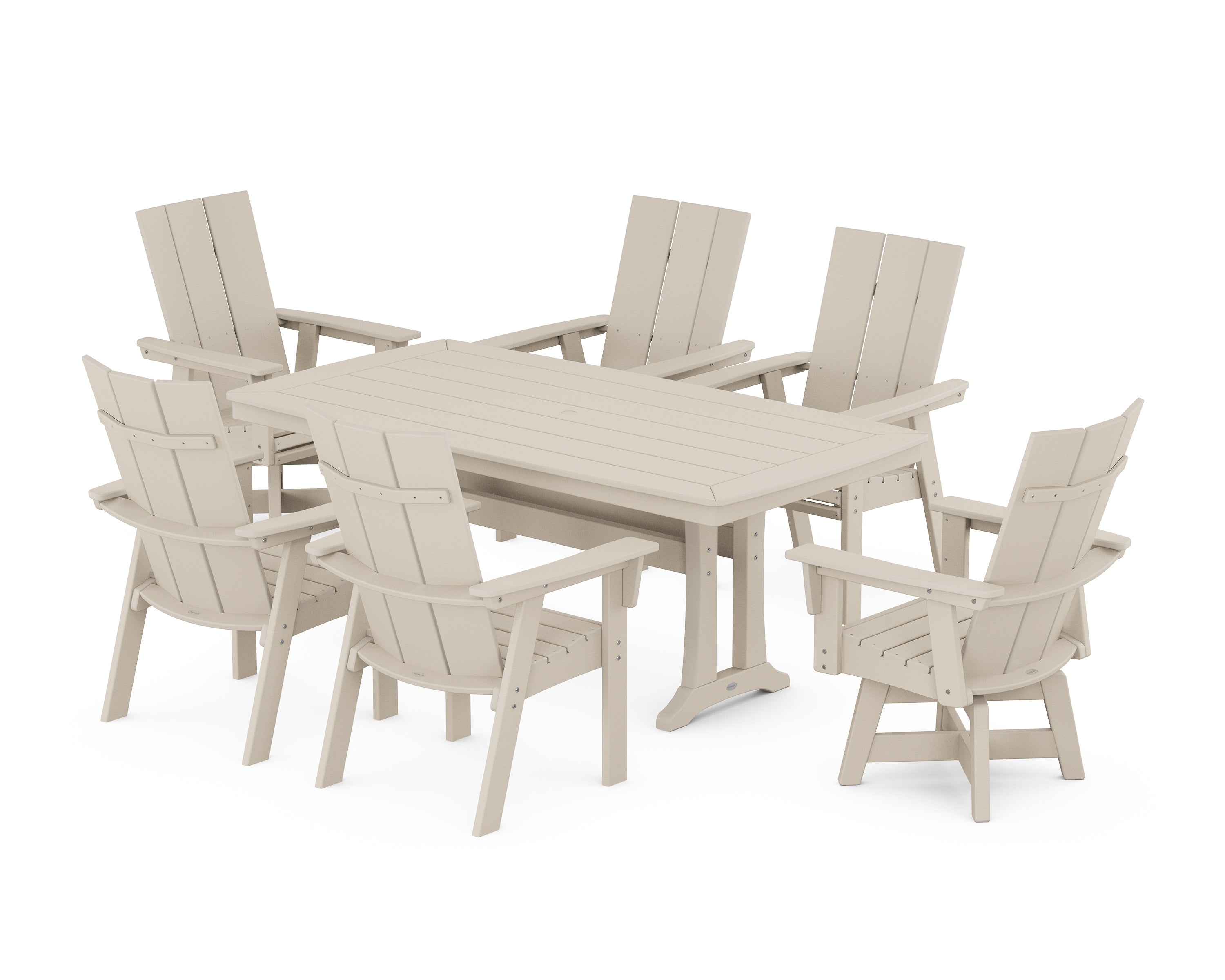POLYWOOD Modern Adirondack Swivel Chair 7-Piece Dining Set with Trestle Legs in Sand