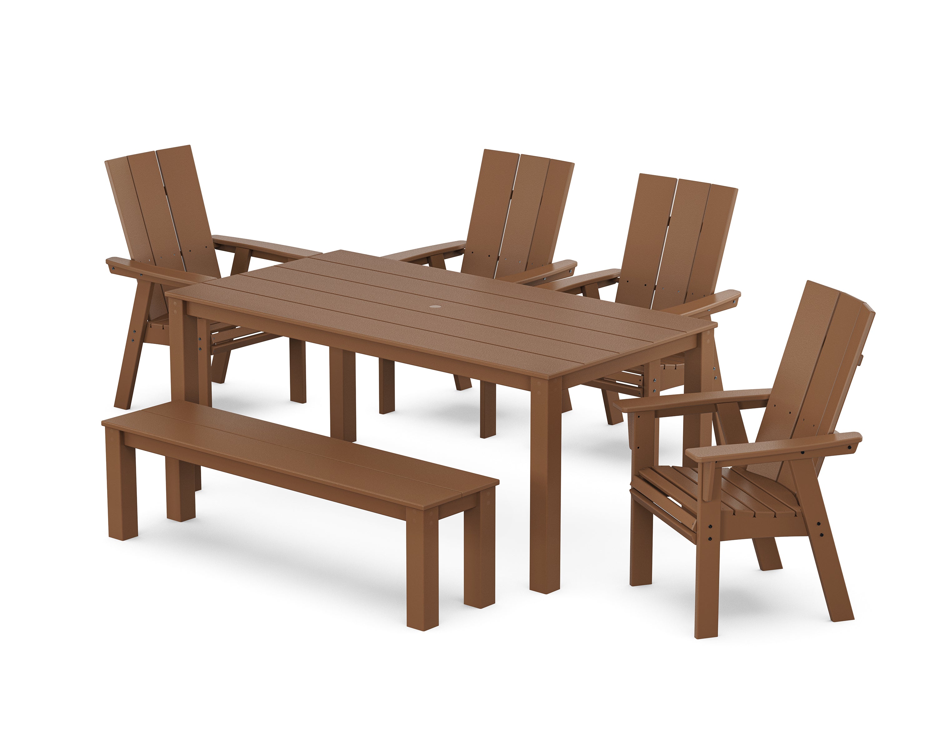 POLYWOOD Modern Curveback Adirondack 6-Piece Parsons Dining Set with Bench in Teak