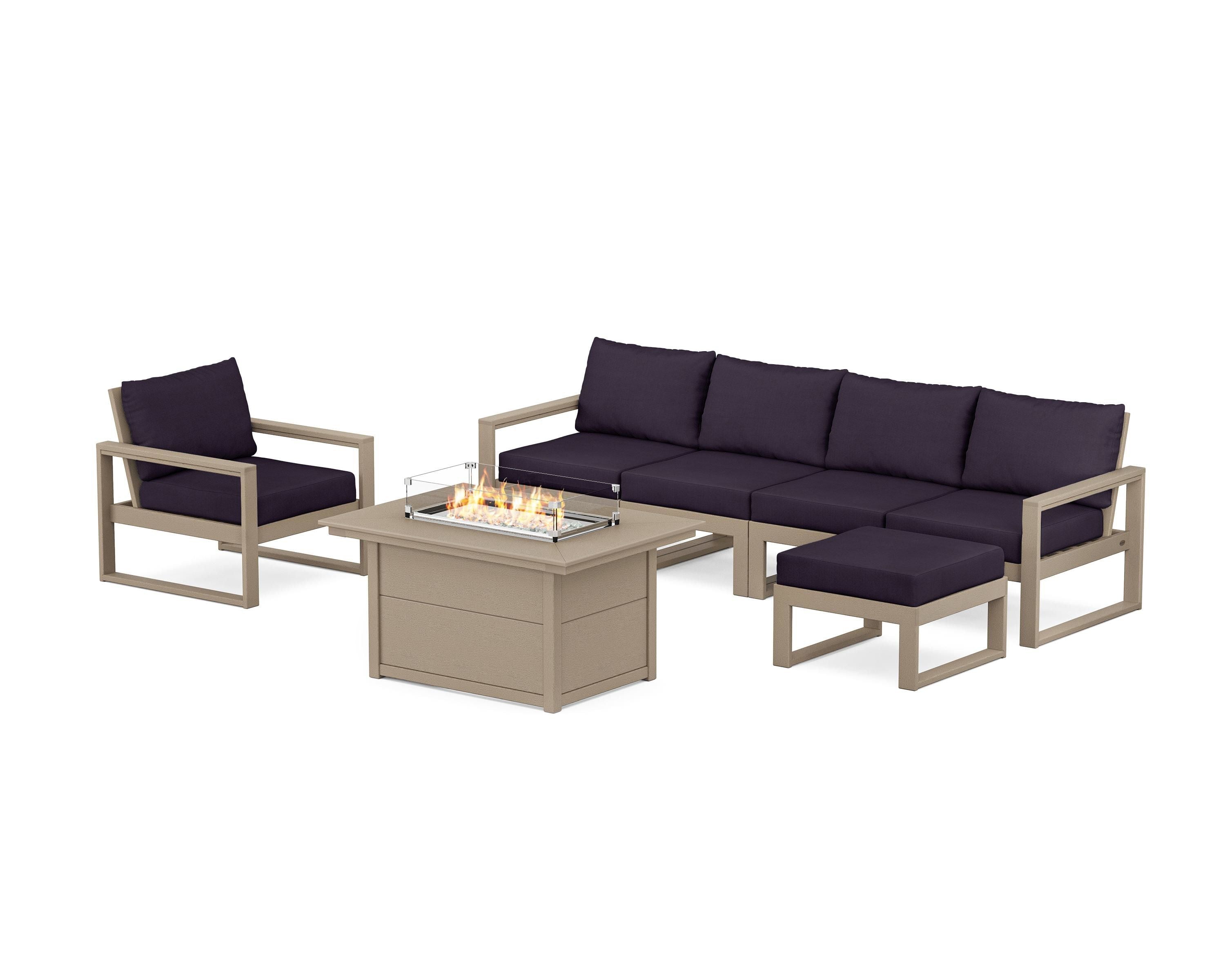 POLYWOOD EDGE Sectional Lounge and Fire Pit Set in Vintage Sahara / Navy Linen