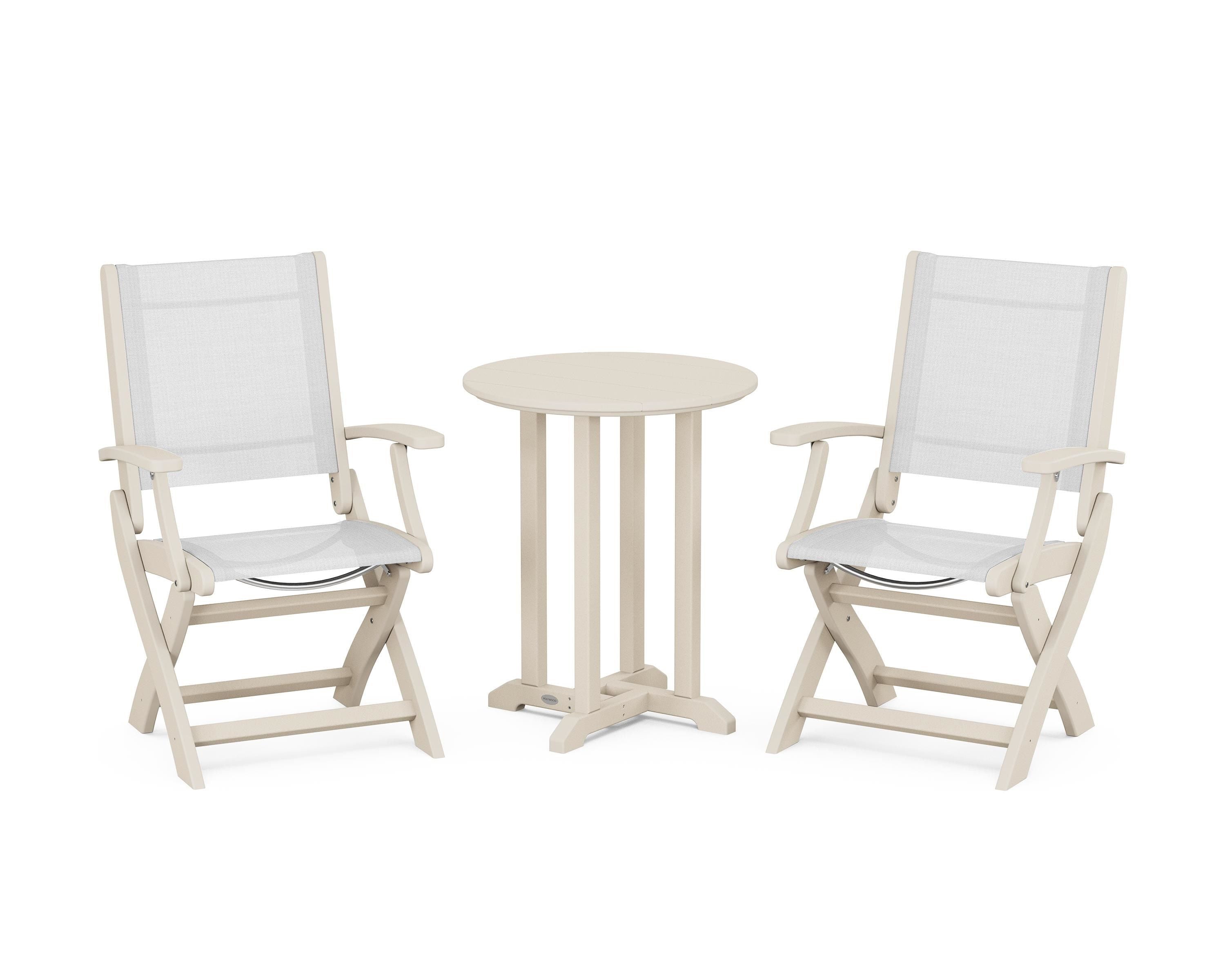 POLYWOOD Coastal Folding 3-Piece Round Bistro Dining Set in Sand / White Sling