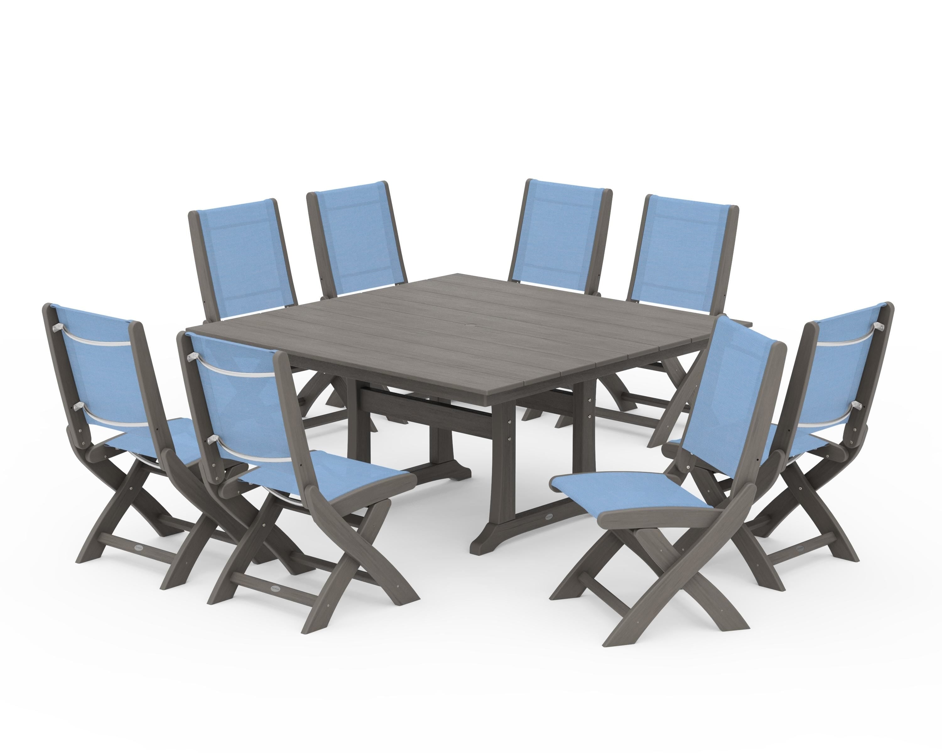 POLYWOOD Coastal Folding Side Chair 9-Piece Farmhouse Dining Set in Driftwood / Poolside Sling