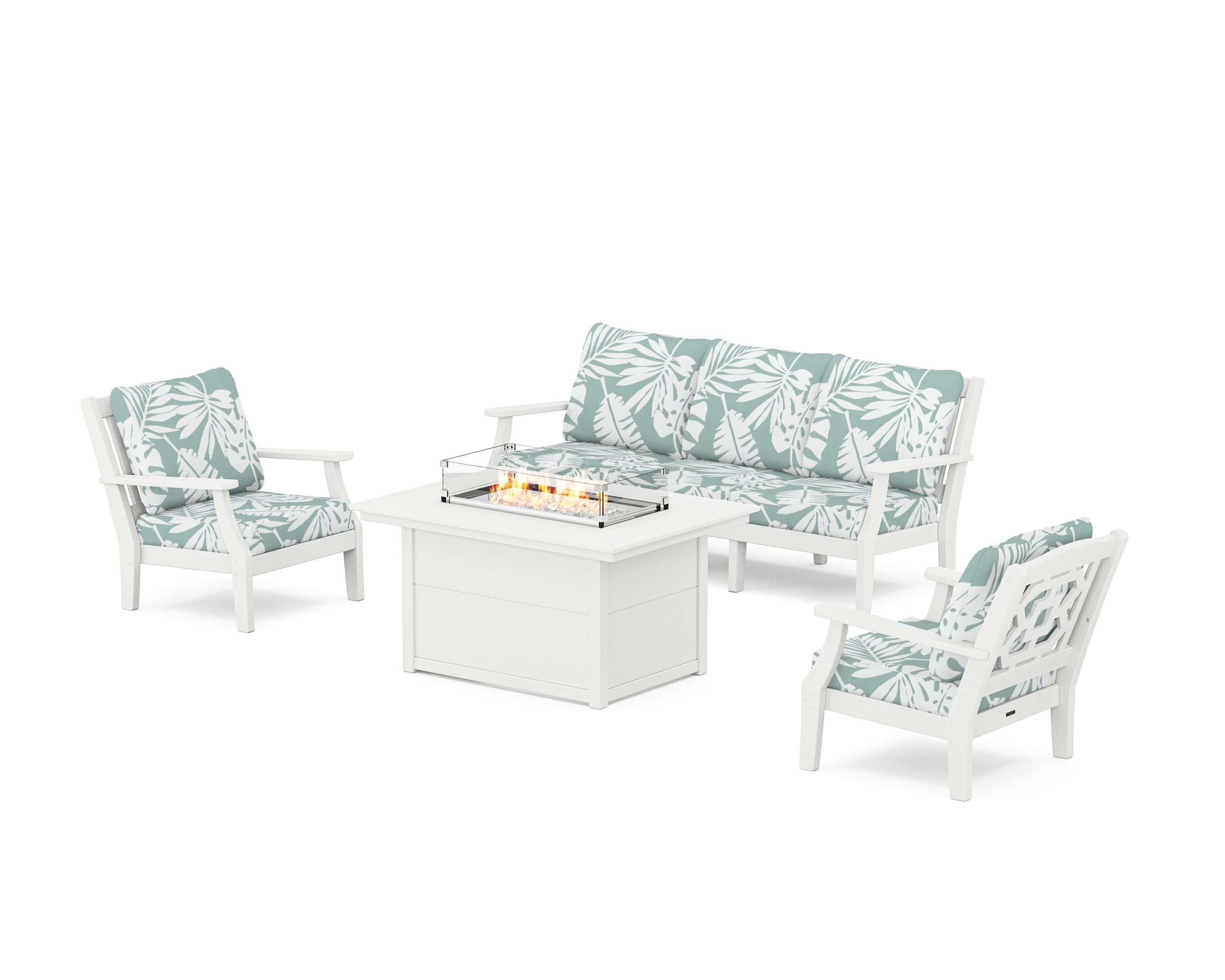 Martha Stewart by POLYWOOD Chinoiserie Deep Seating Fire Pit Table Set in White / Leaf Glacier Spa