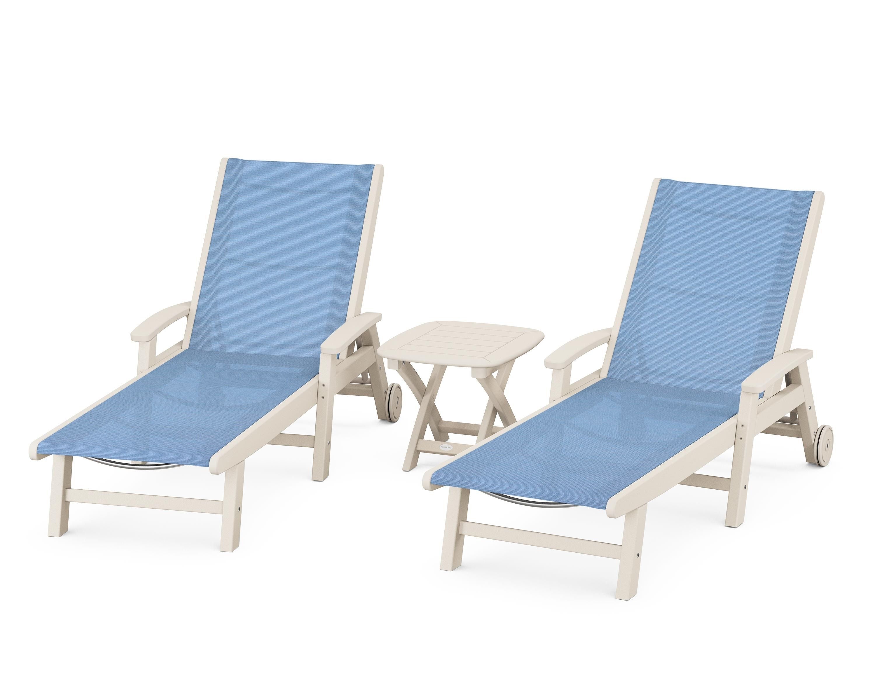POLYWOOD Coastal 3-Piece Wheeled Chaise Set in Sand / Poolside Sling