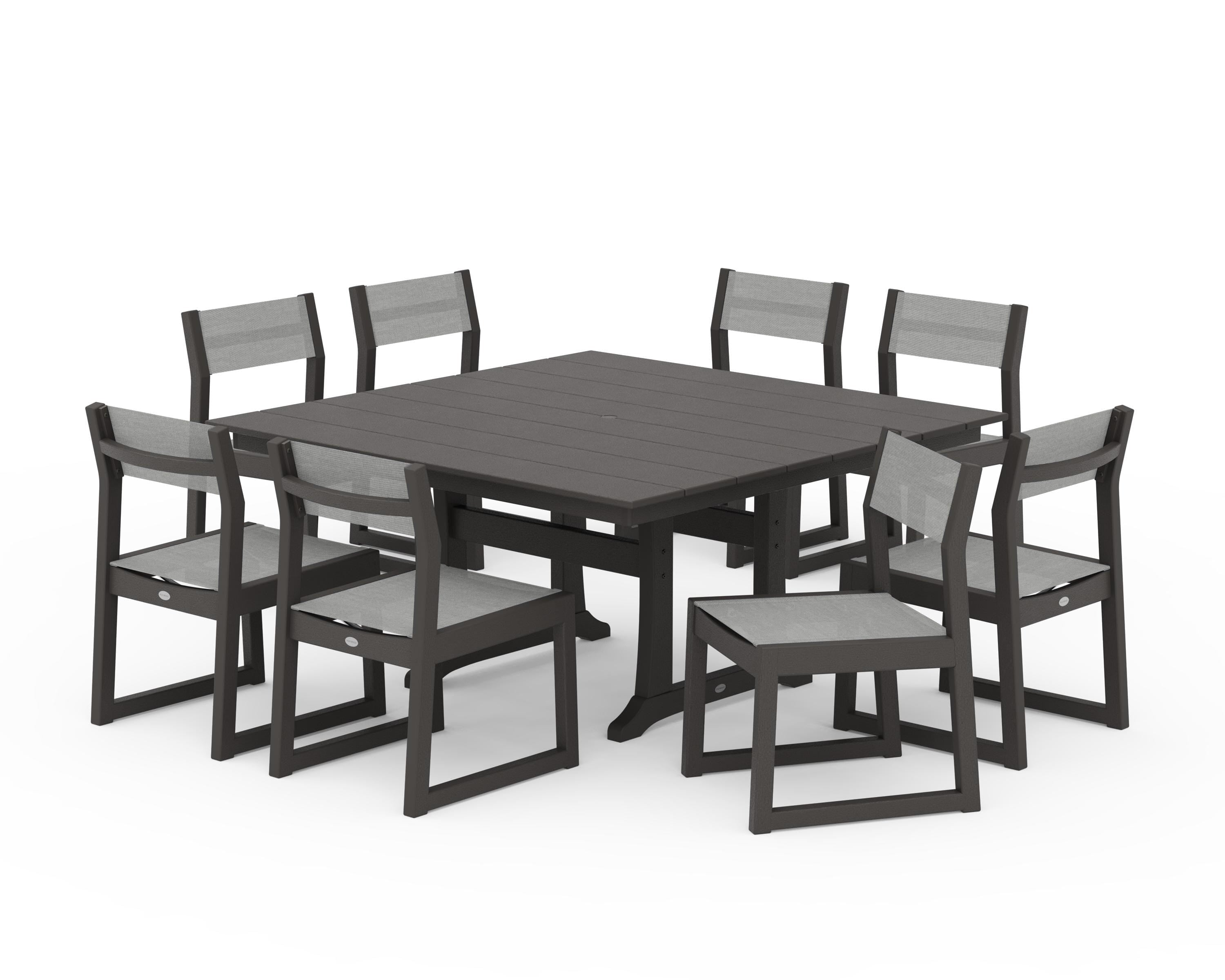 POLYWOOD EDGE Sling Side Chair 9-Piece Farmhouse Trestle Dining Set in Vintage Coffee / Metallic Sling
