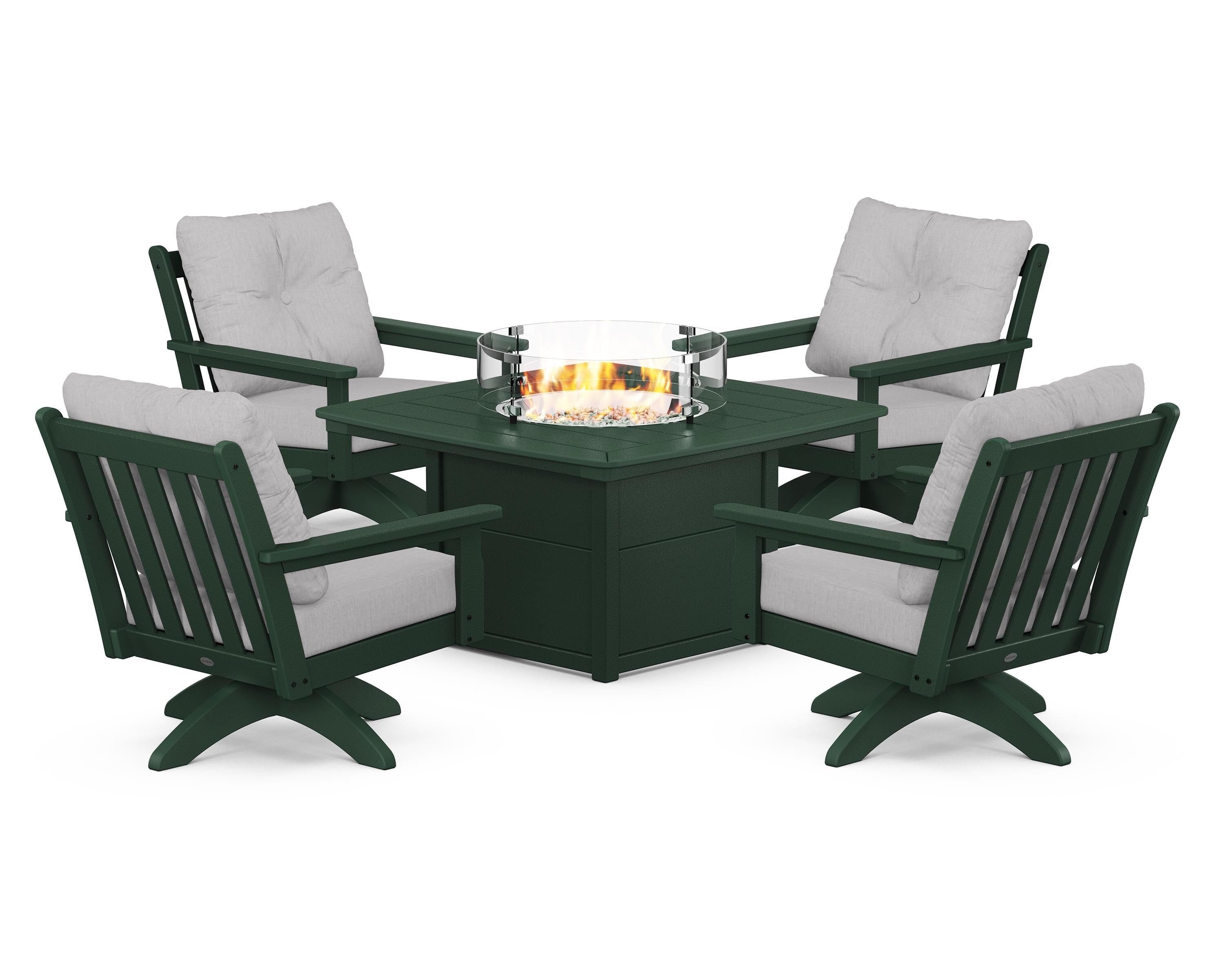 POLYWOOD Vineyard 5-Piece Deep Seating Swivel Conversation Set with Fire Pit Table in Green / Granite