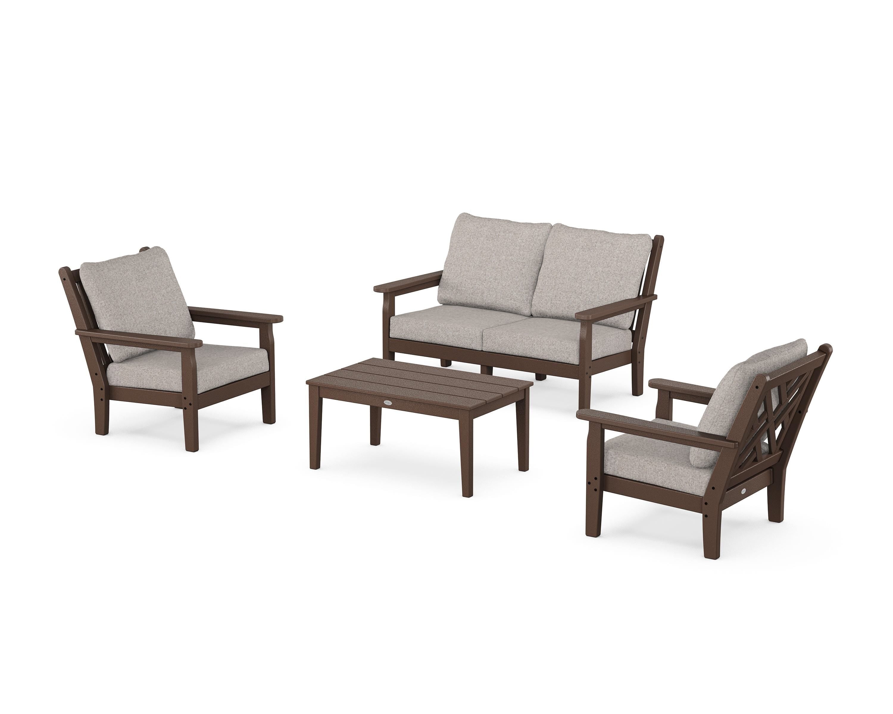 POLYWOOD Chippendale 4-Piece Deep Seating Set with Loveseat in Mahogany / Weathered Tweed