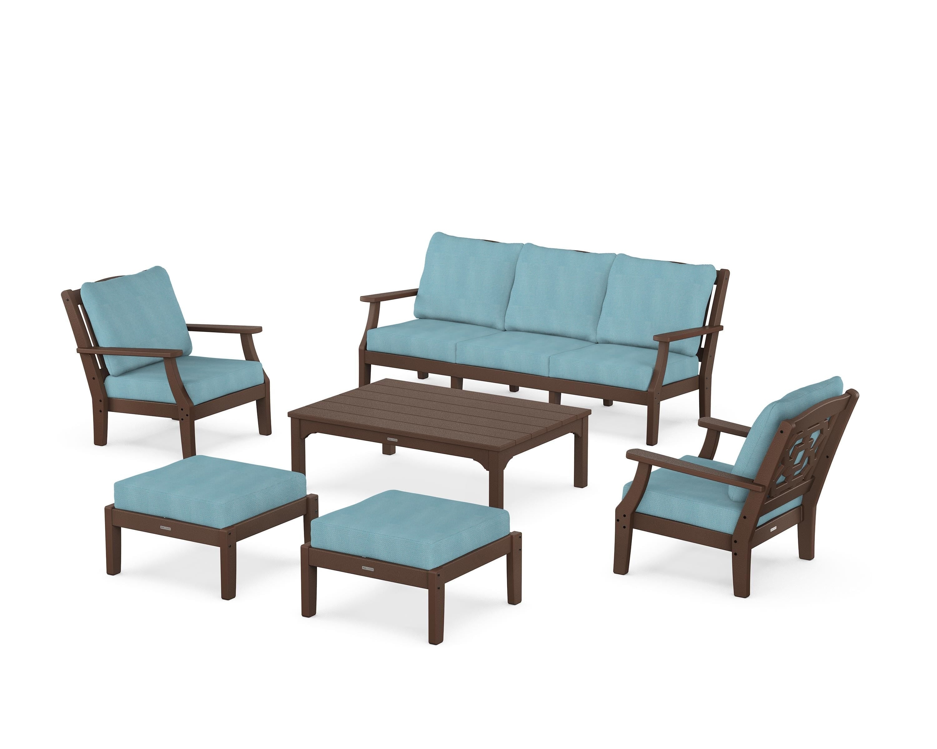 Martha Stewart by POLYWOOD Chinoiserie 6-Piece Lounge Sofa Set in Mahogany / Lattice Sky Blue