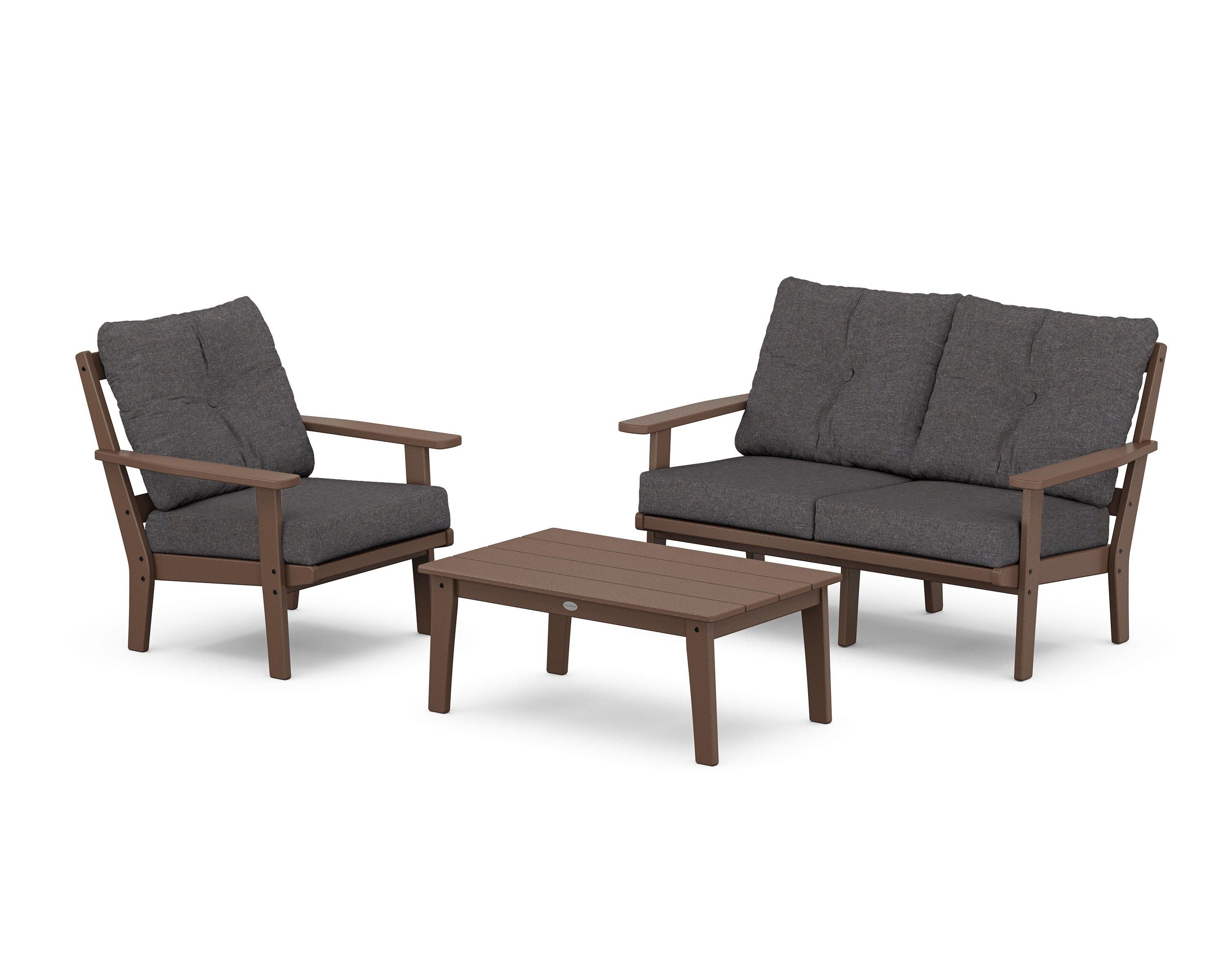 POLYWOOD Oxford 3-Piece Deep Seating Set with Loveseat in Mahogany / Ash Charcoal
