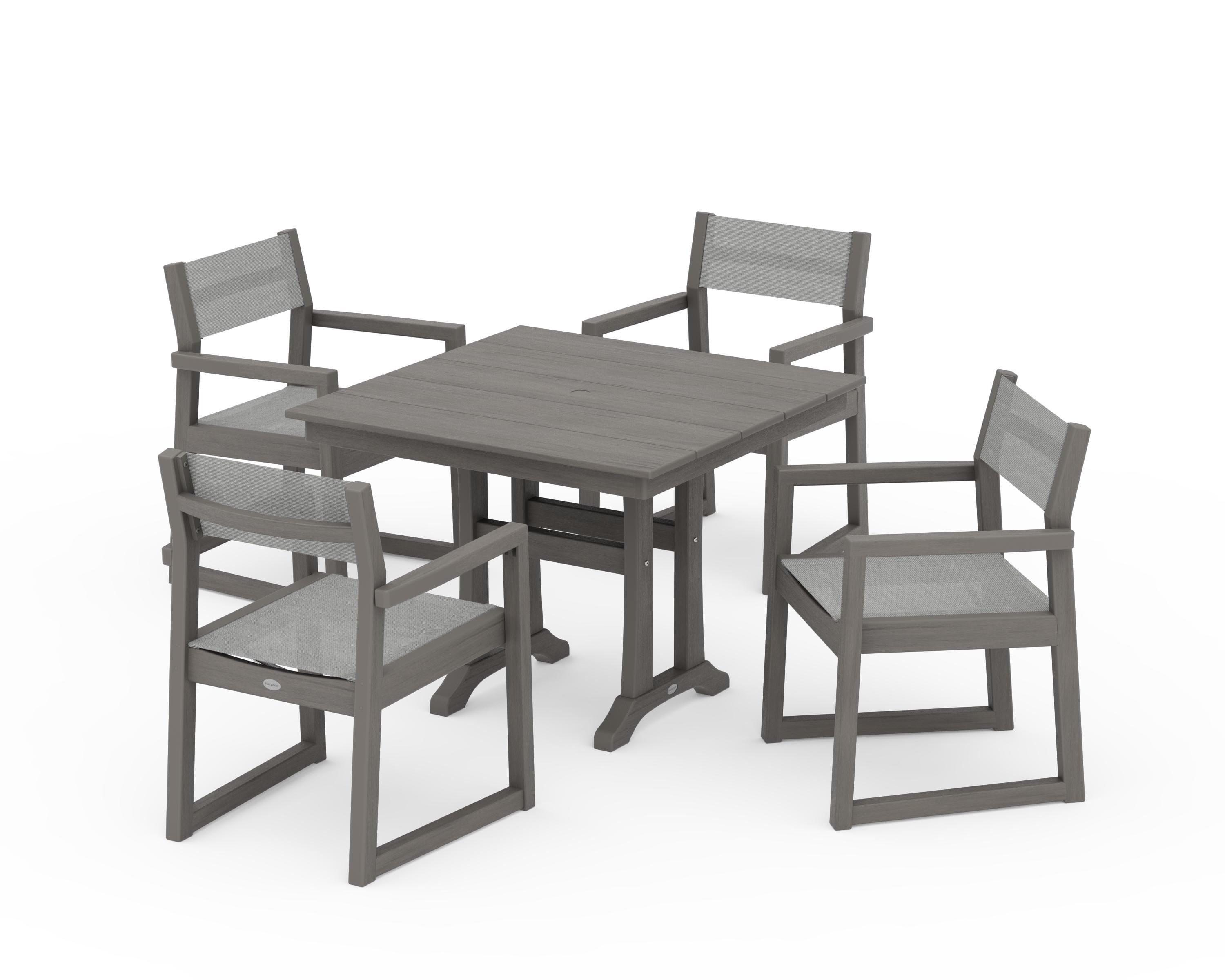 POLYWOOD EDGE Sling 5-Piece Farmhouse Dining Set with Trestle Legs in Driftwood / Metallic Sling