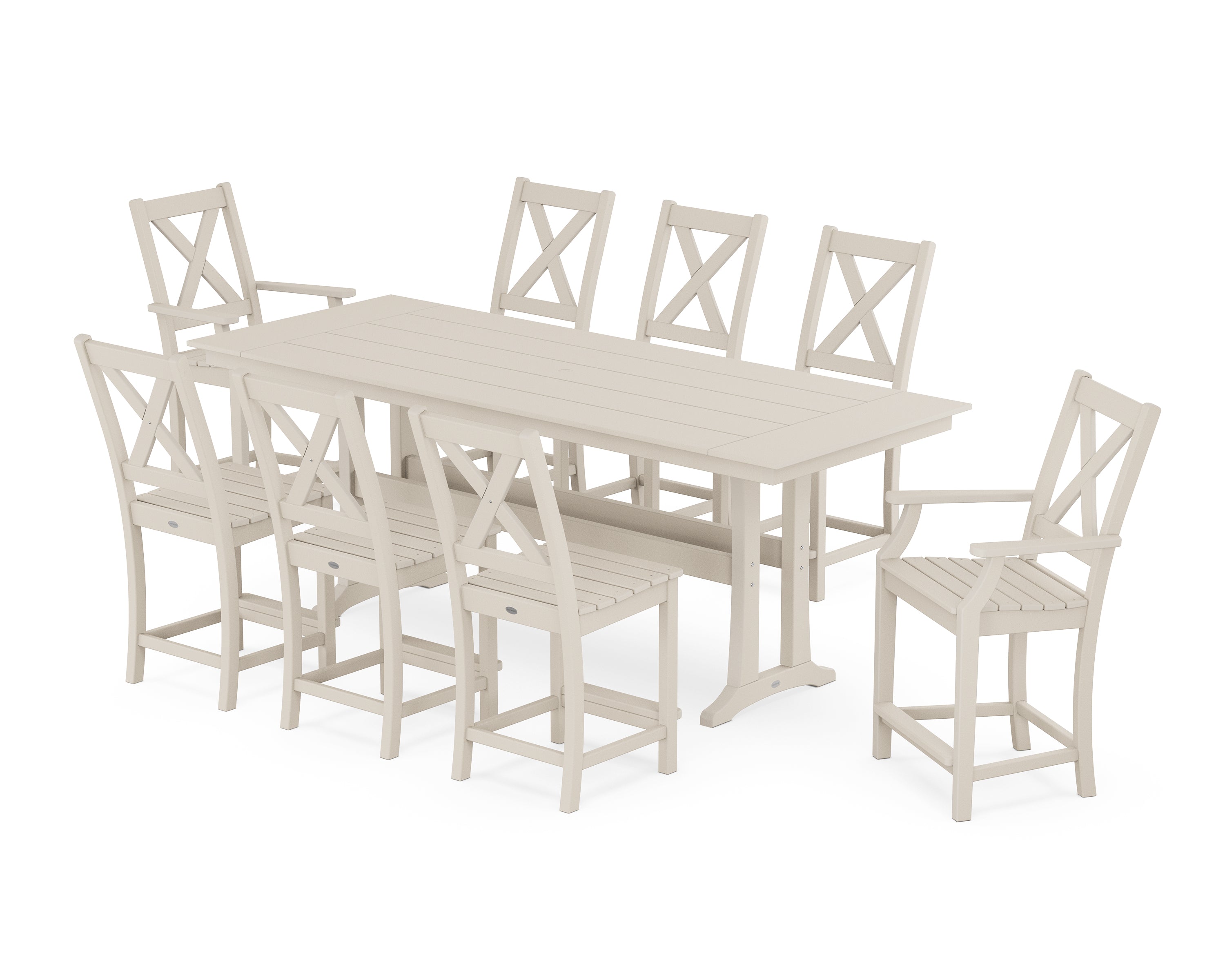 POLYWOOD Braxton 9-Piece Farmhouse Counter Set with Trestle Legs in Sand