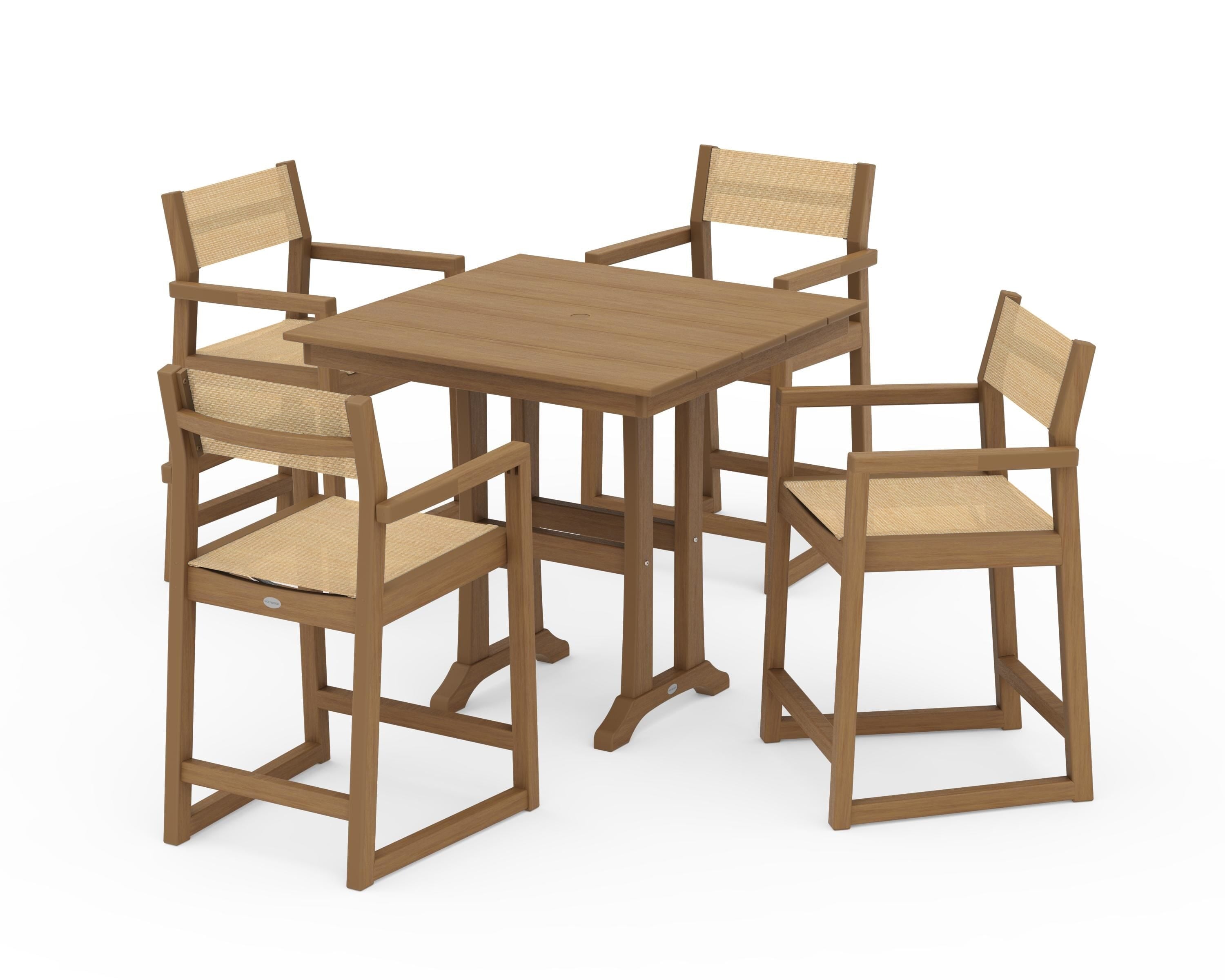 POLYWOOD EDGE Sling Arm Chair 5-Piece Farmhouse Counter Set with Trestle Legs in Natural / Dupioni Apricot Sling