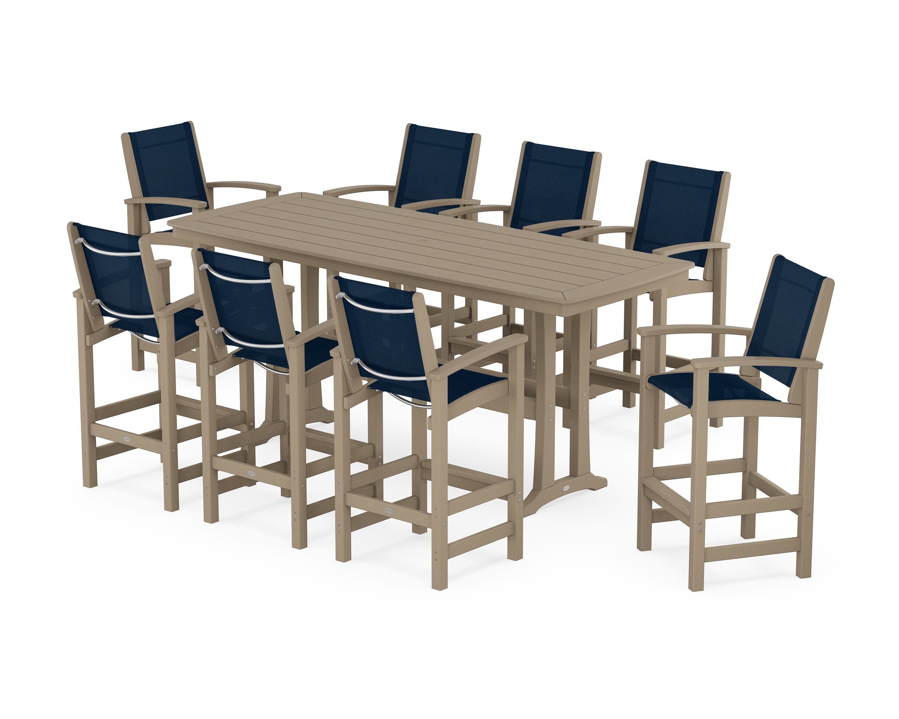 POLYWOOD Coastal 9-Piece Bar Set with Trestle Legs in Vintage Sahara / Navy Blue Sling