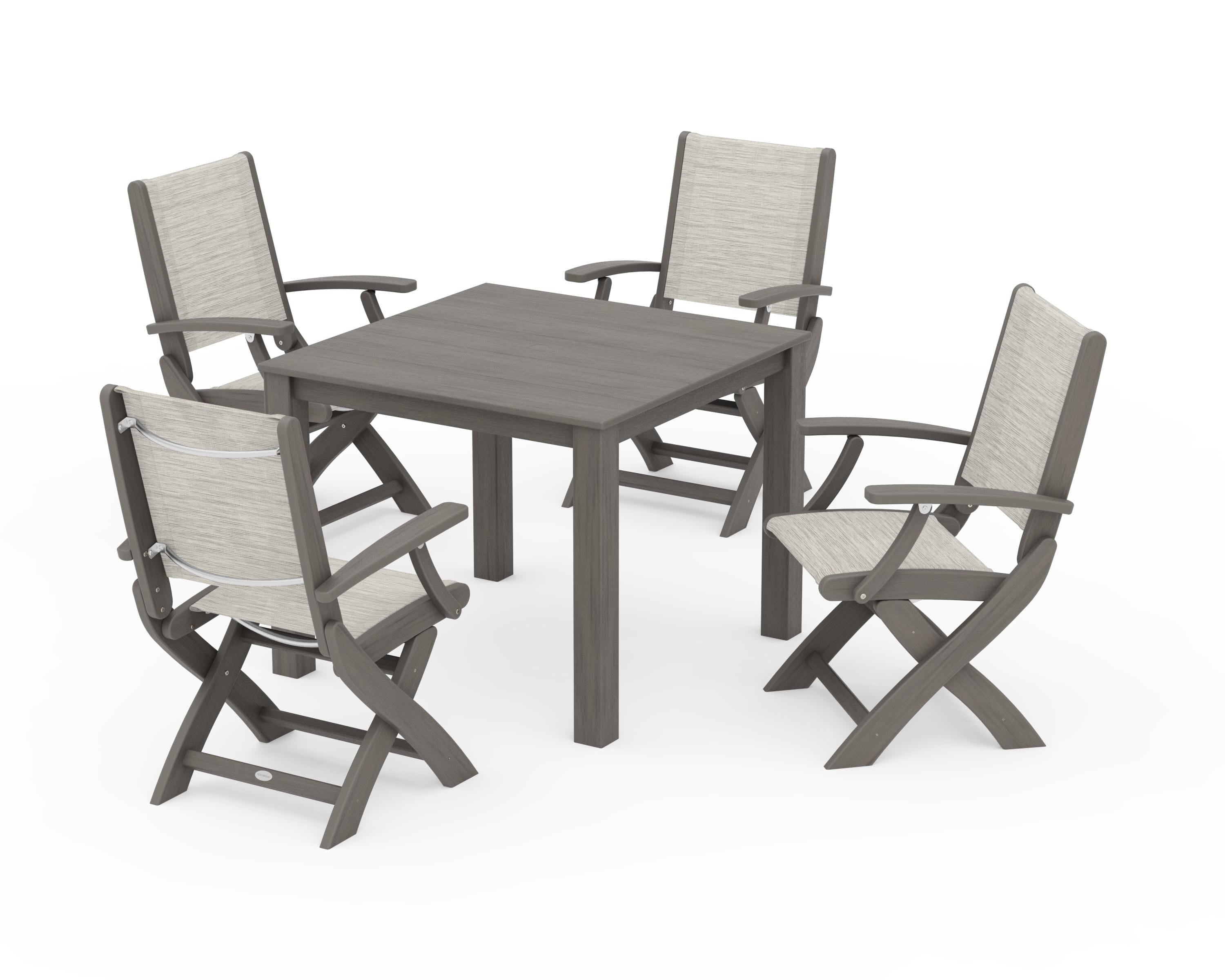 POLYWOOD Coastal Folding Chair 5-Piece Parsons Dining Set in Driftwood / Birch Sling