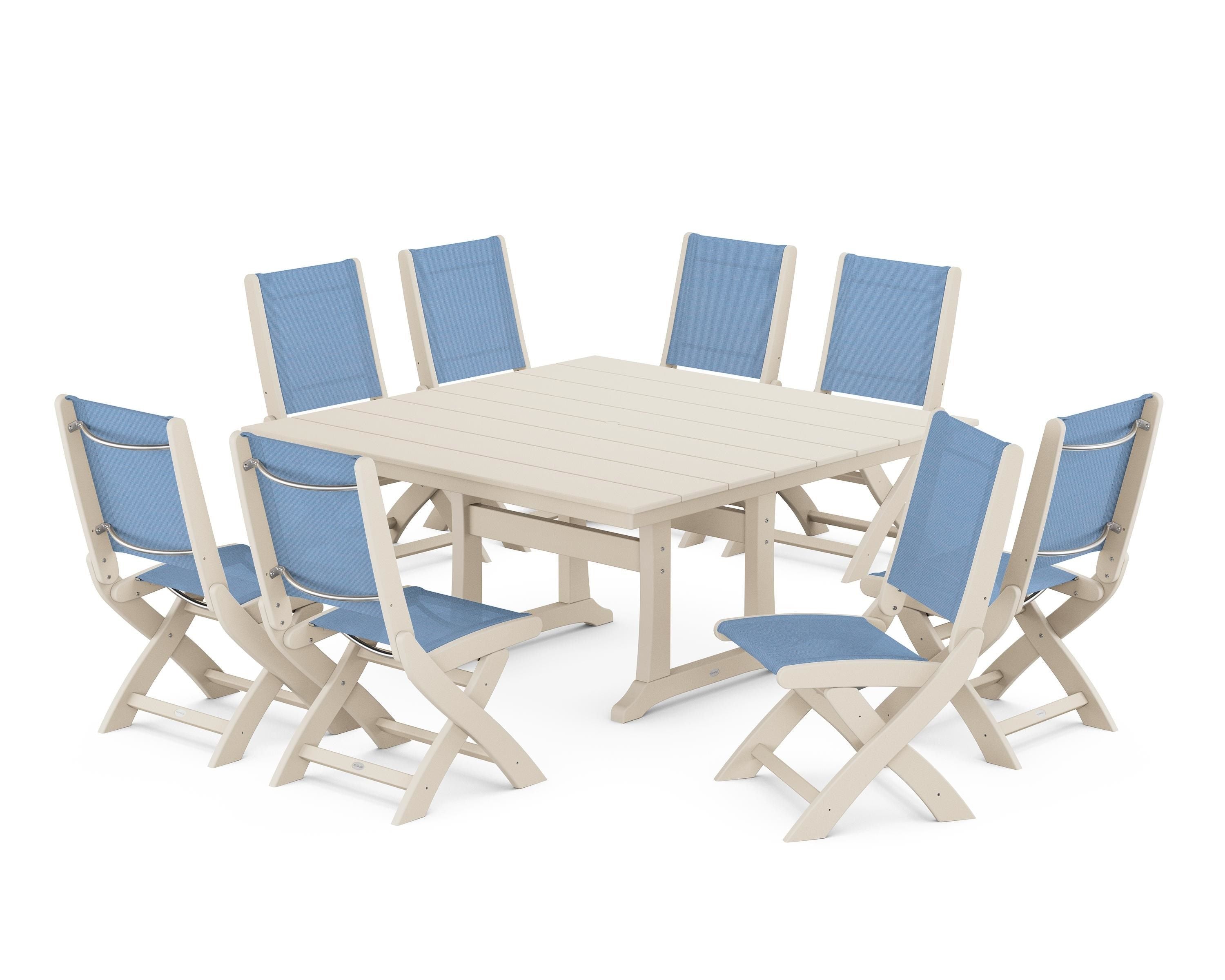 POLYWOOD Coastal Folding Side Chair 9-Piece Farmhouse Dining Set in Sand / Poolside Sling