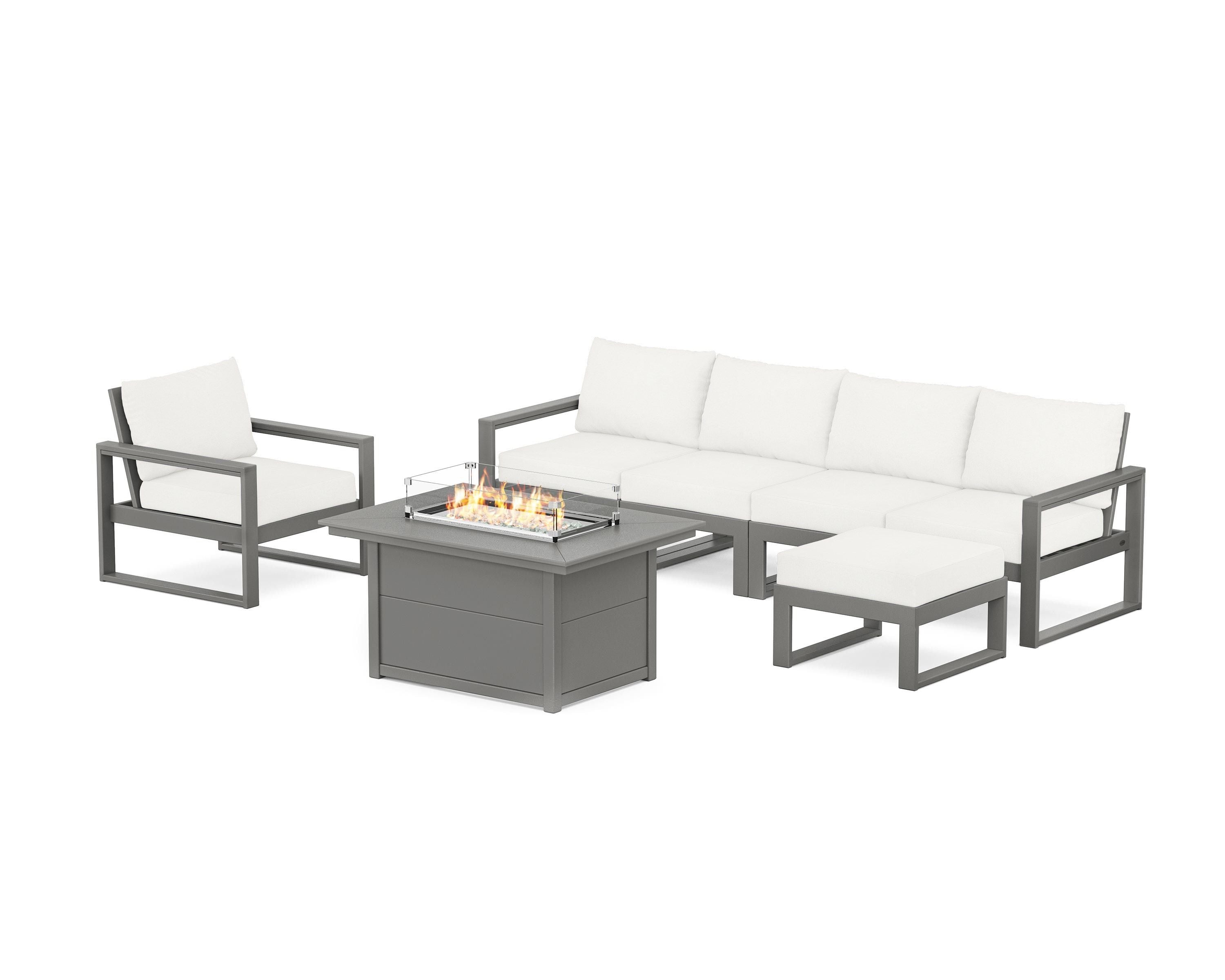 POLYWOOD EDGE Sectional Lounge and Fire Pit Set in Slate Grey / Natural Linen