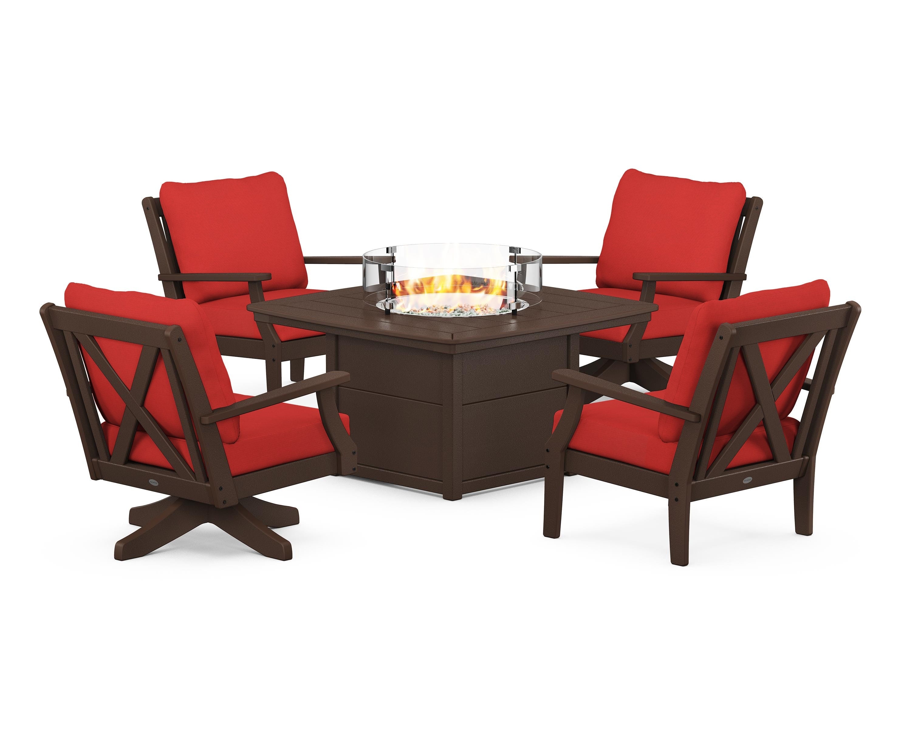 POLYWOOD Braxton 5-Piece Deep Seating Set with Fire Table in Mahogany / Crimson Linen