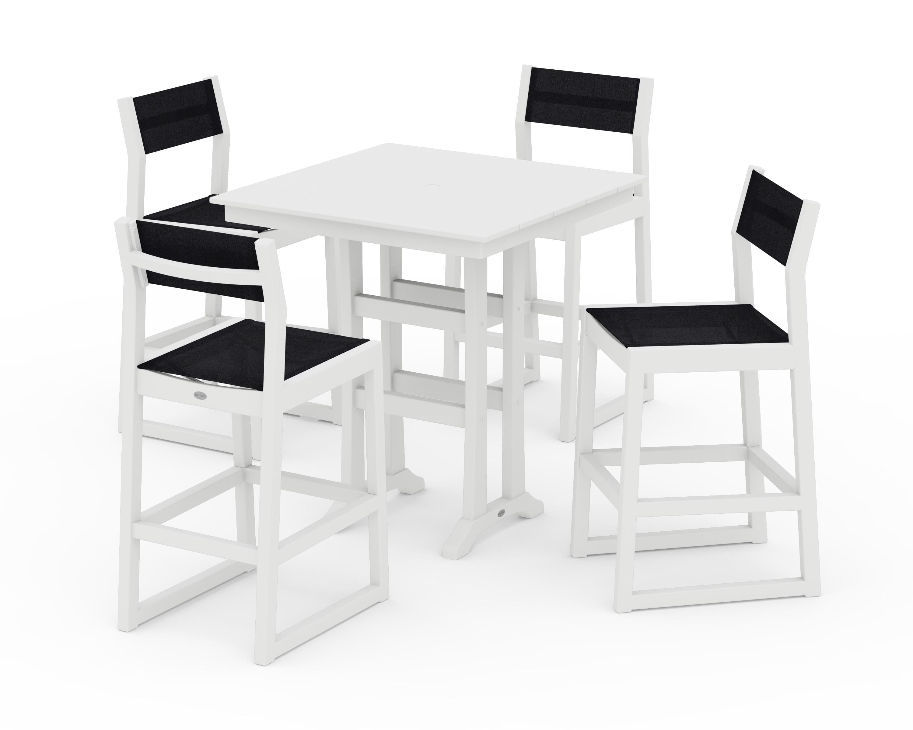 POLYWOOD EDGE Sling Arm Chair 5-Piece Farmhouse Bar Set with Trestle Legs in White / Black Sling