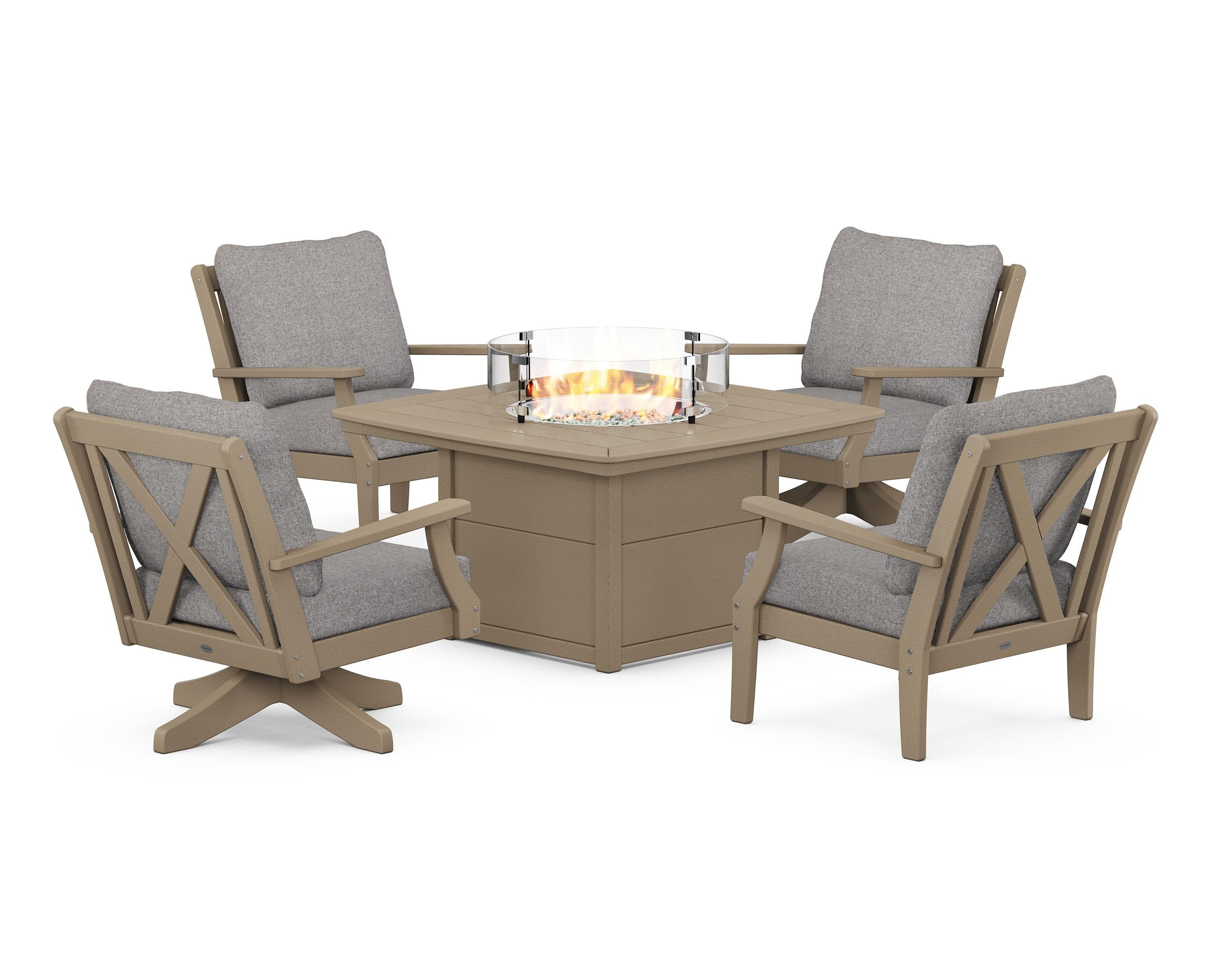 POLYWOOD Braxton 5-Piece Deep Seating Set with Fire Table in Vintage Sahara / Grey Mist