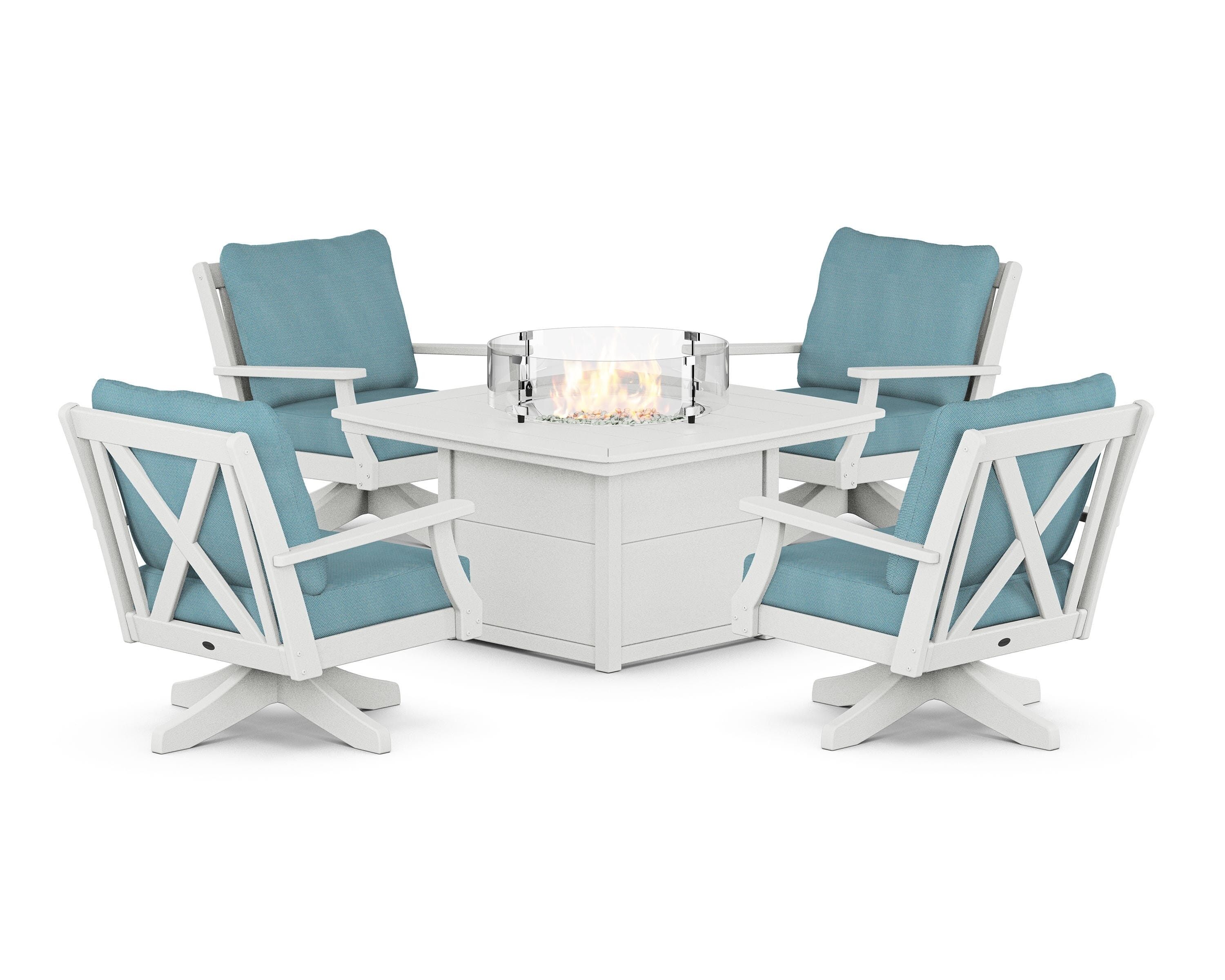 POLYWOOD Braxton 5-Piece Deep Seating Swivel Conversation Set with Fire Pit Table in Vintage White / Lattice Sky Blue