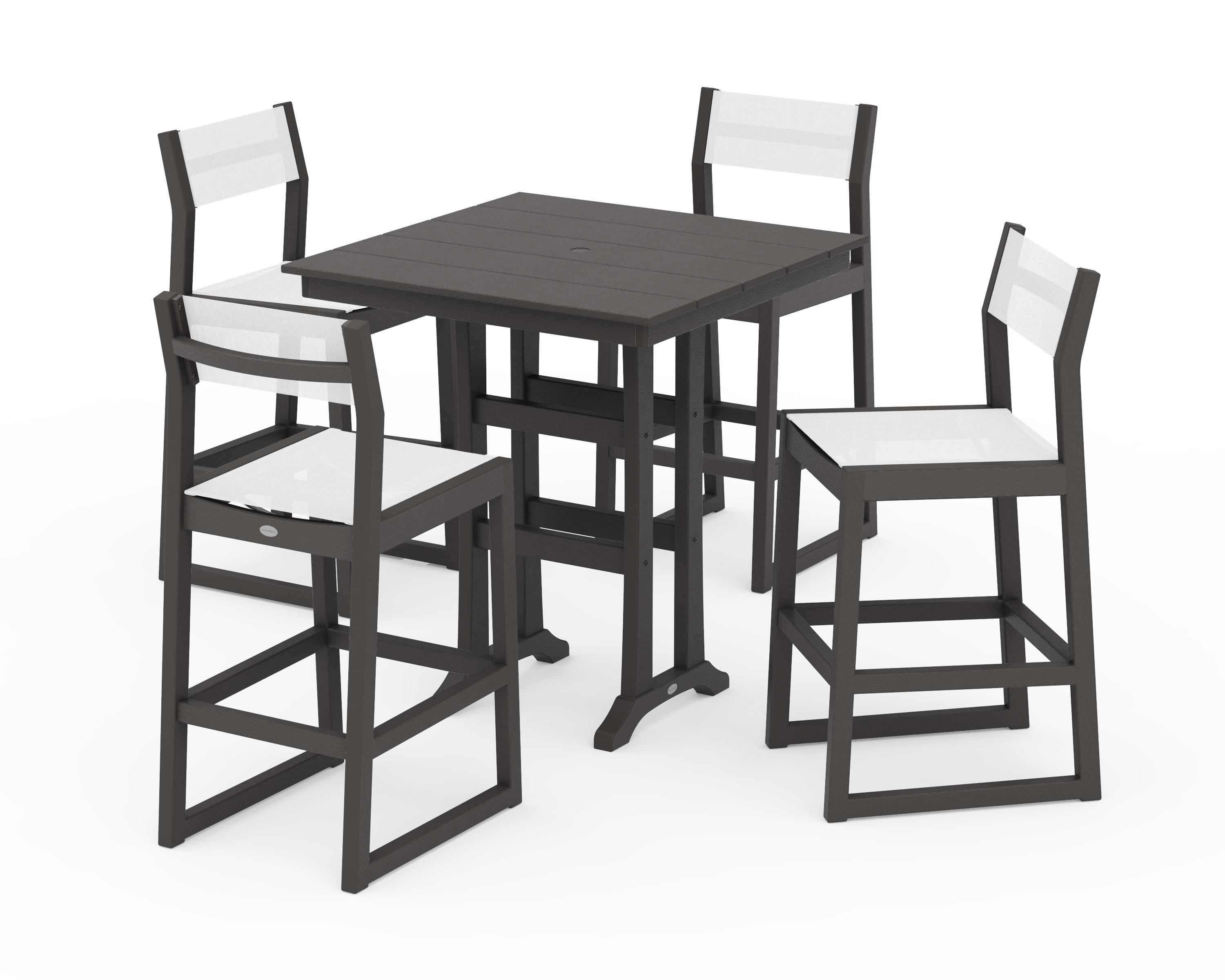 POLYWOOD EDGE Sling Arm Chair 5-Piece Farmhouse Bar Set with Trestle Legs in Vintage Coffee / White Sling