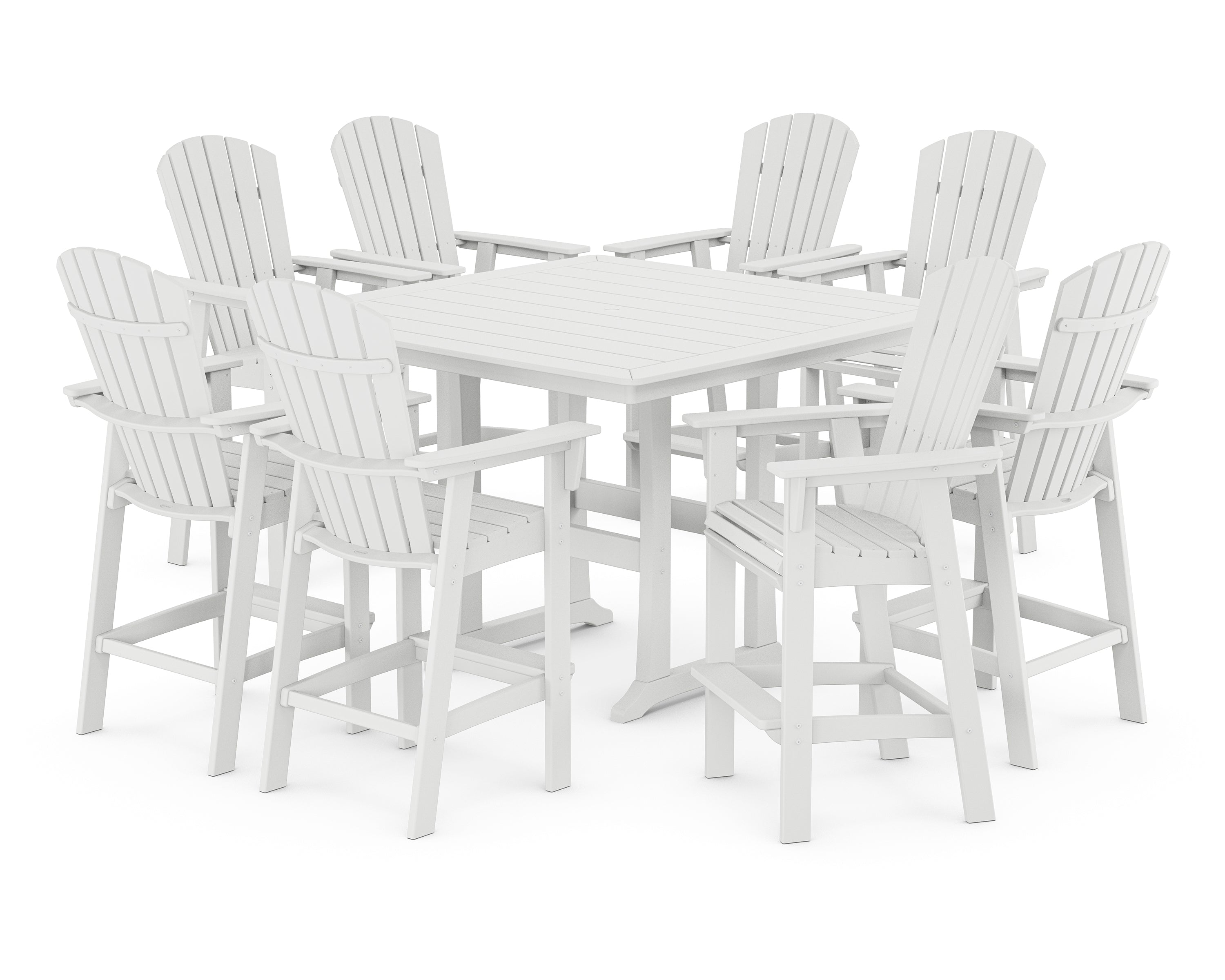 POLYWOOD® Nautical Curveback Adirondack 9-Piece Trestle Bar Set in White