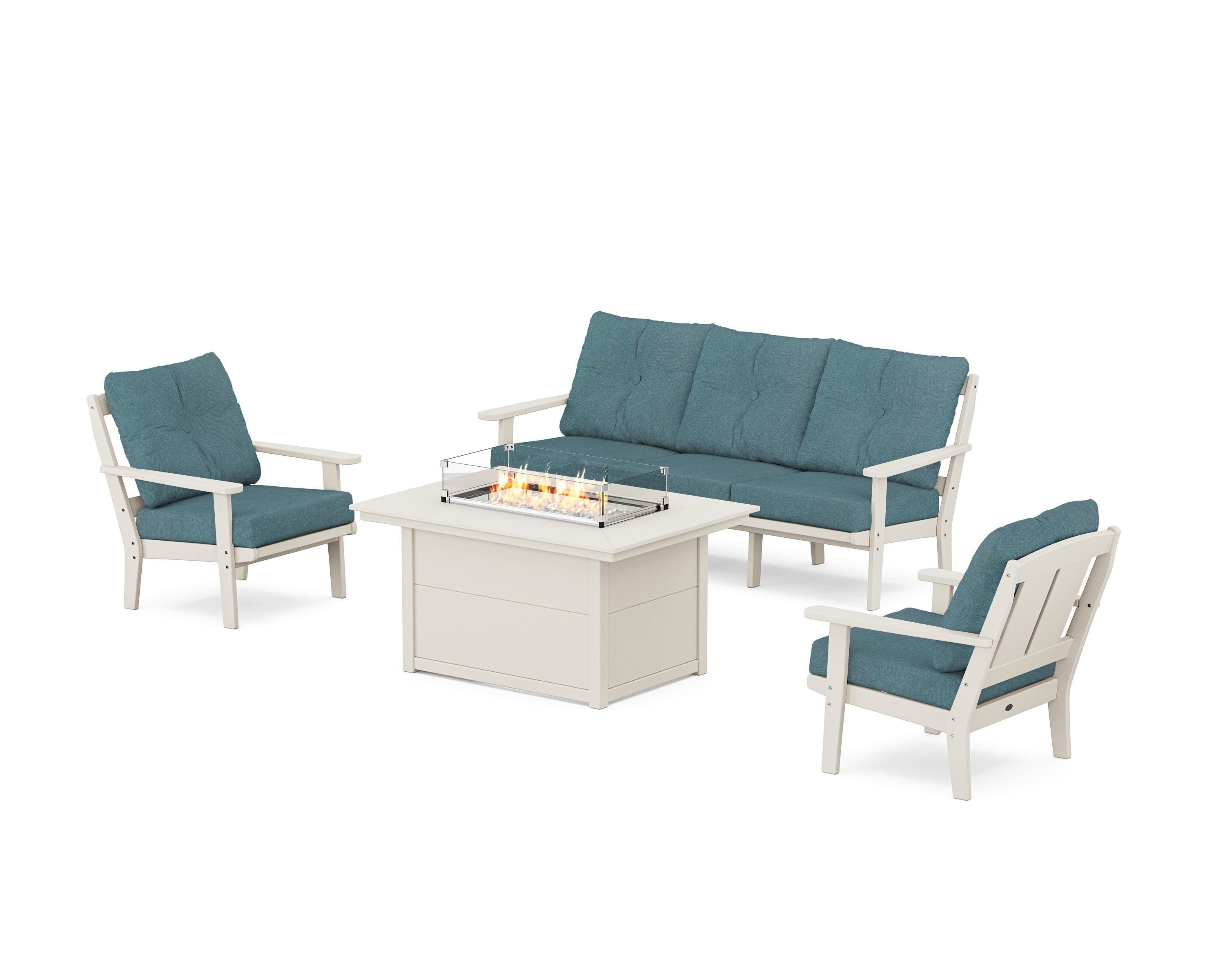 POLYWOOD Mission Deep Seating Fire Pit Table Set in Sand / Ocean Teal