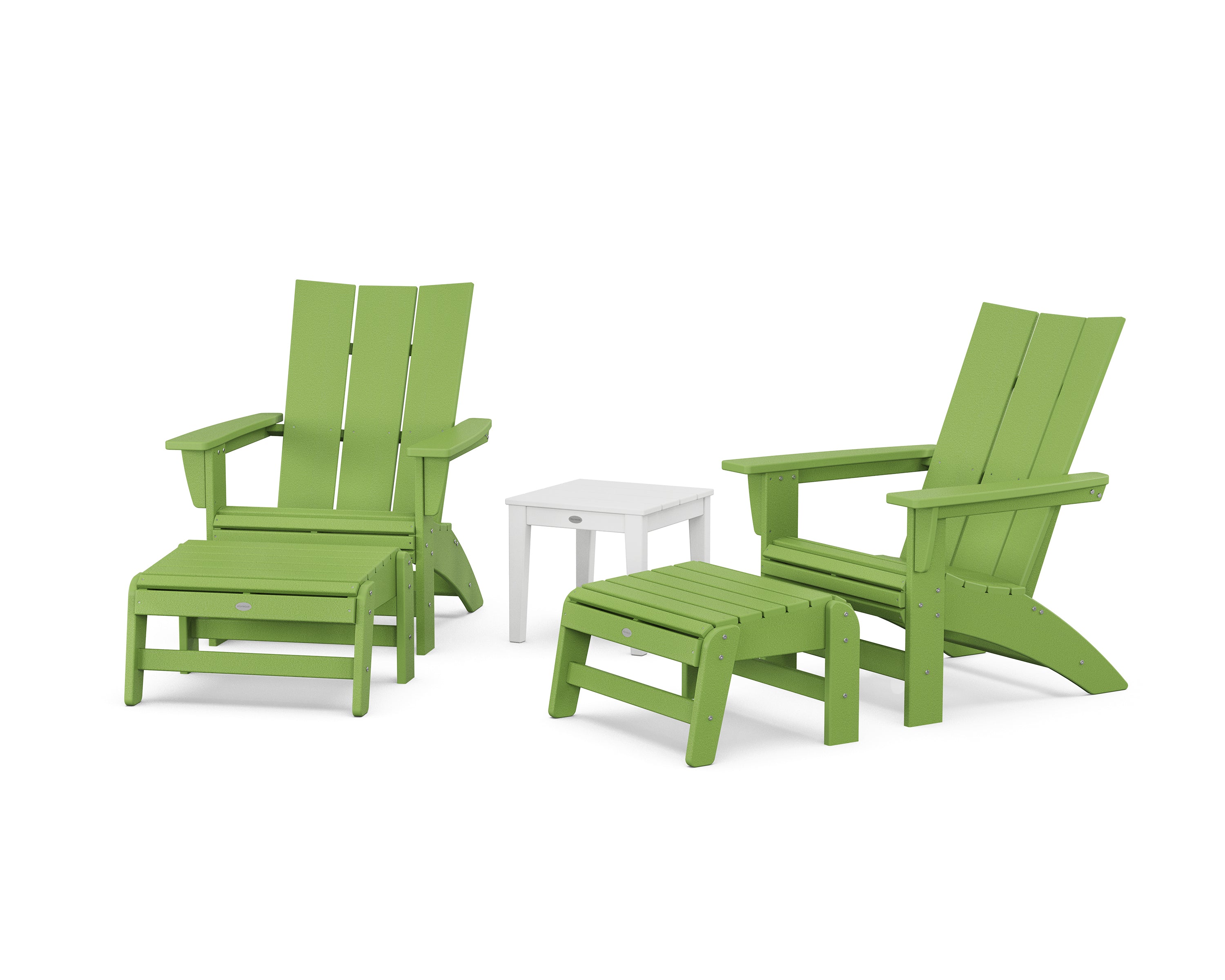 POLYWOOD 5-Piece Modern Grand Adirondack Set with Ottomans and Side Table in Lime / White