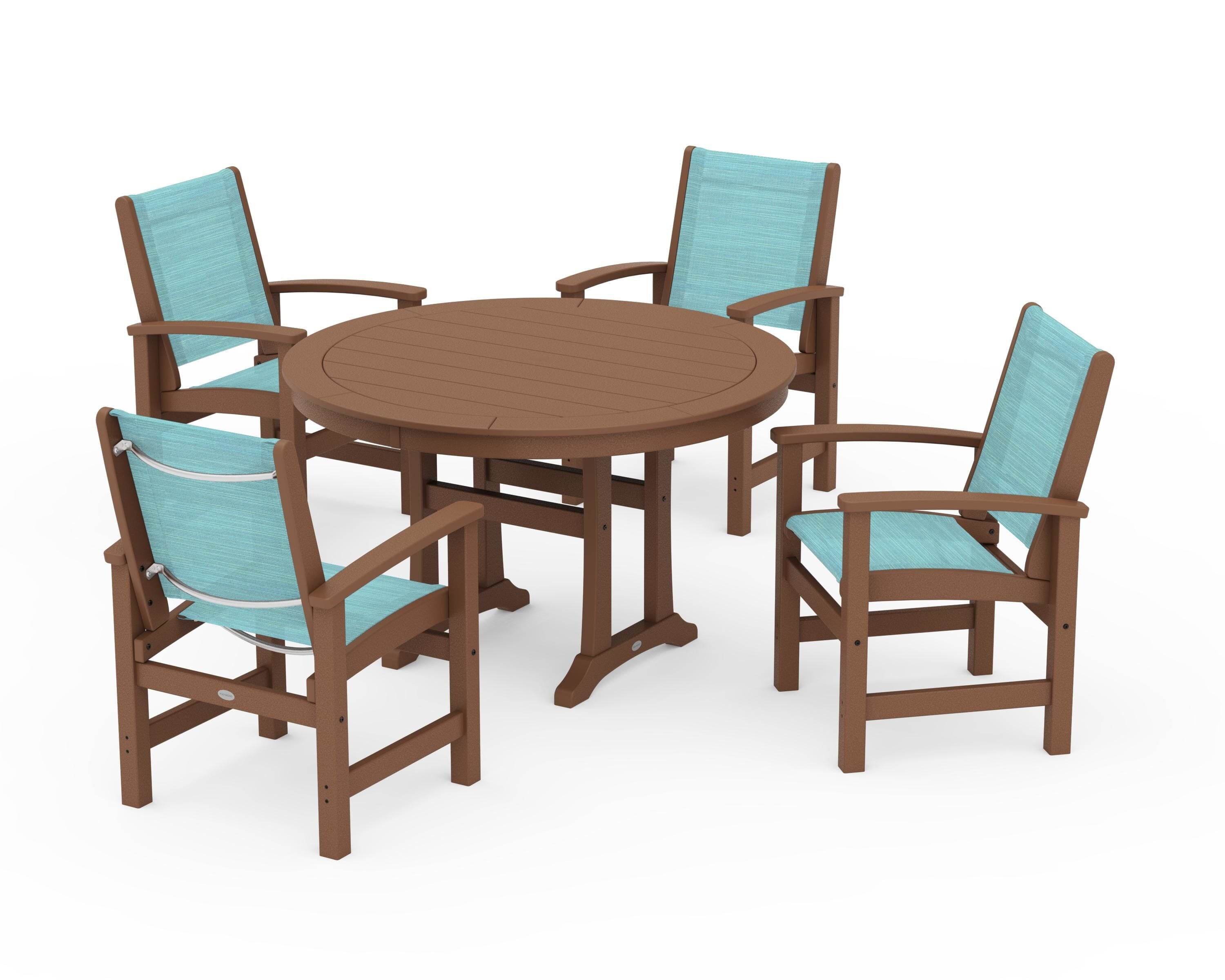 POLYWOOD Coastal 5-Piece Round Dining Set with Trestle Legs in Teak / Dupioni Aquamarine Sling