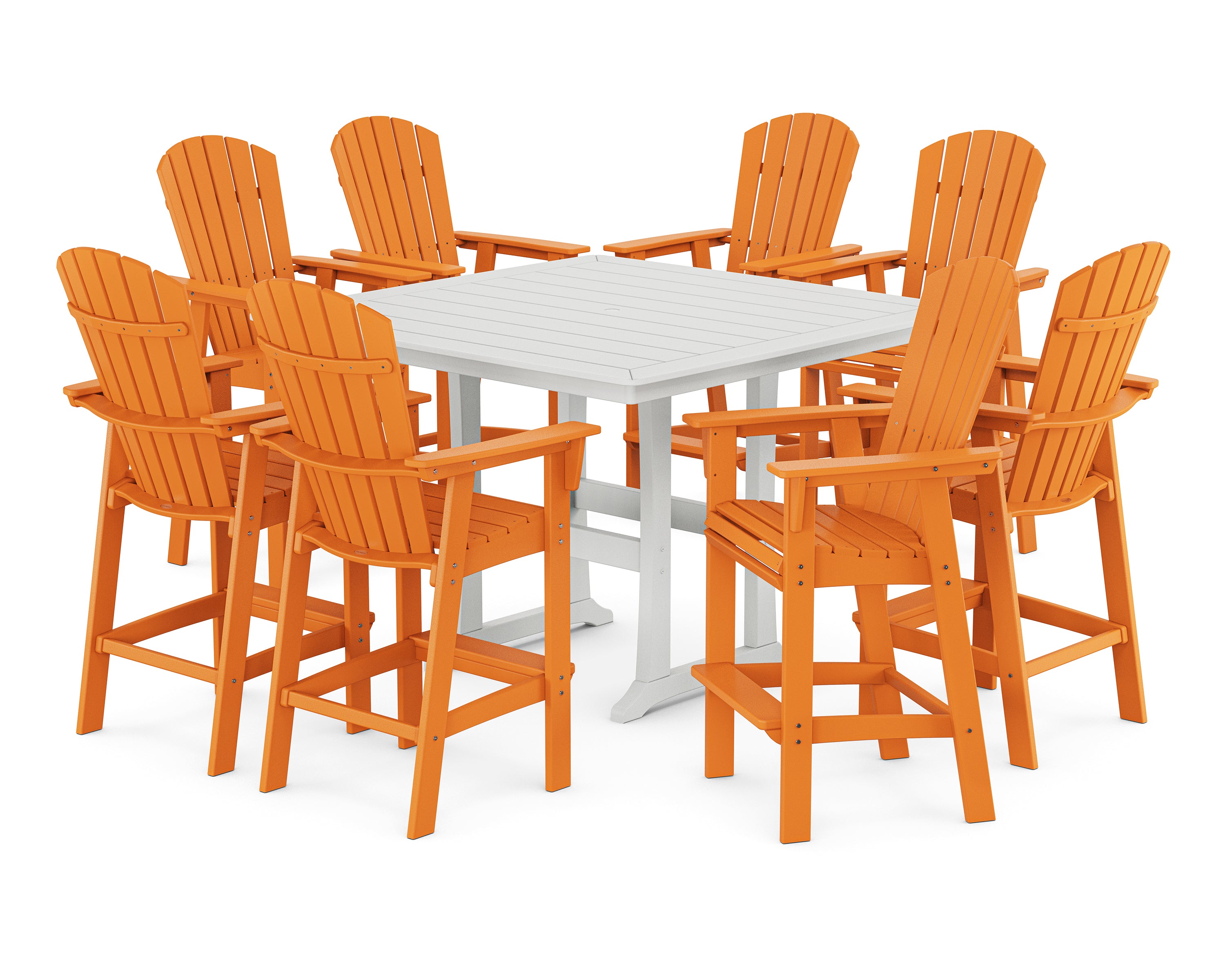 POLYWOOD Nautical Curveback Adirondack 9-Piece Trestle Bar Set in Tangerine / White