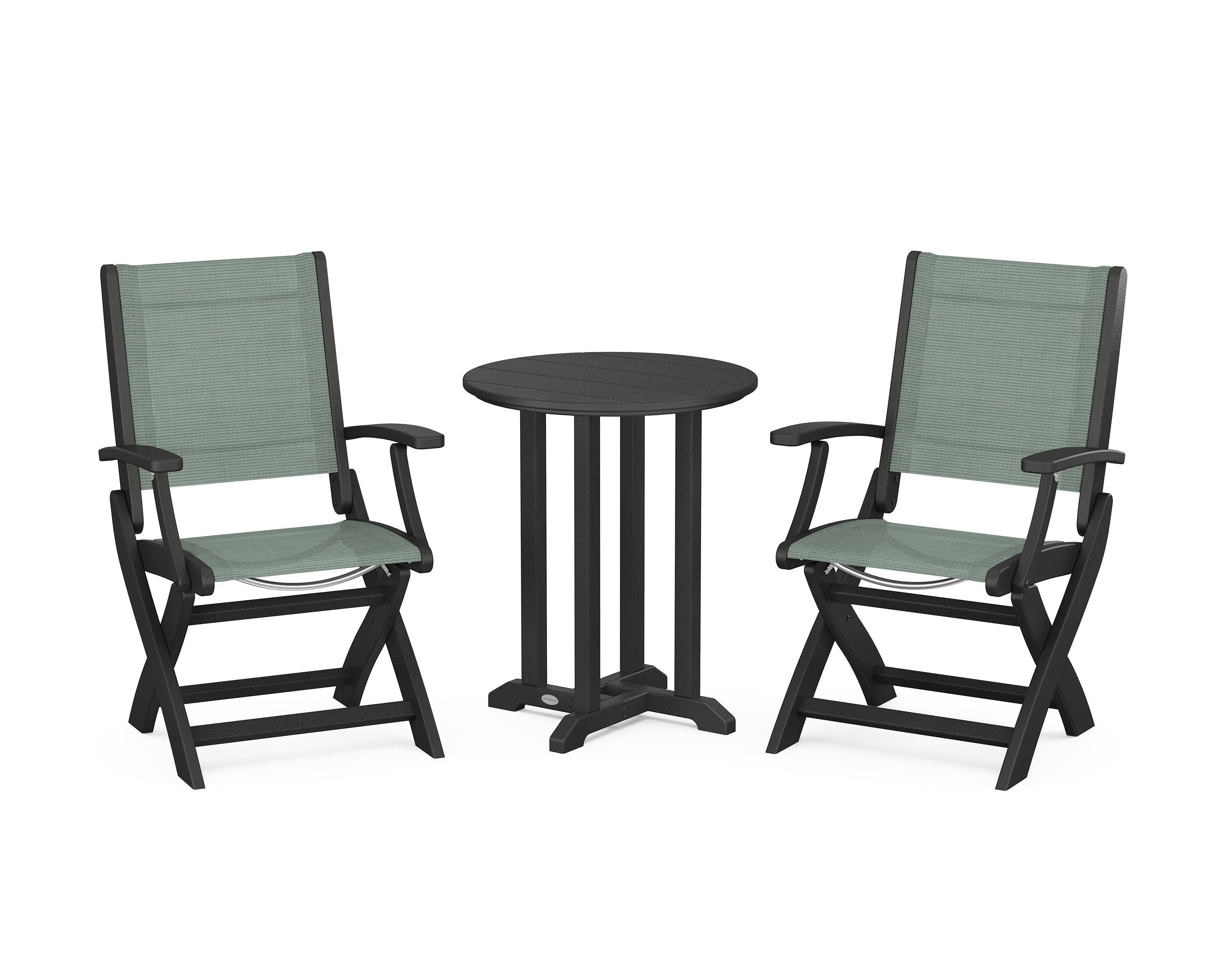 POLYWOOD Coastal Folding 3-Piece Round Bistro Dining Set in Black / Dupioni Sea Mist Sling