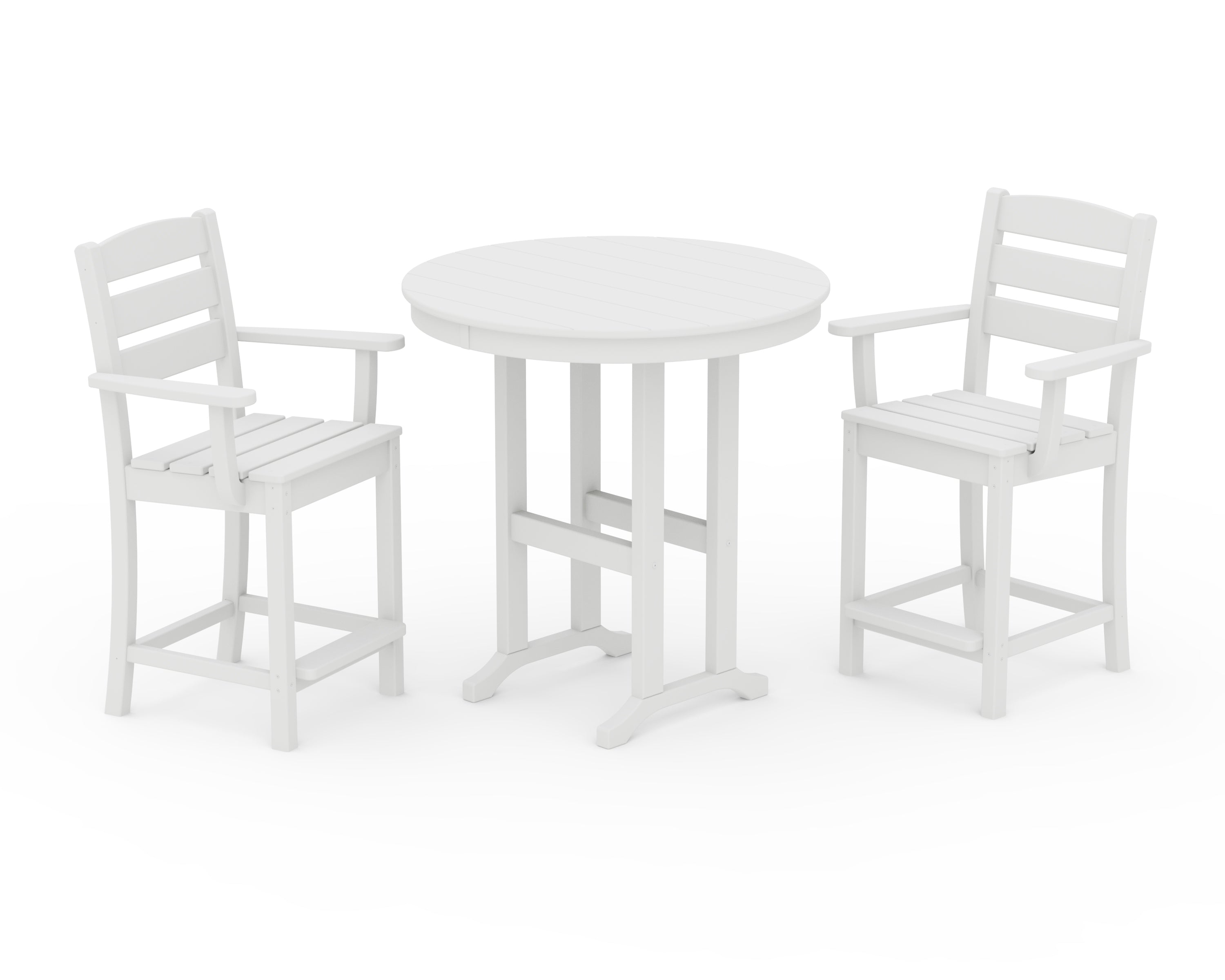 POLYWOOD Lakeside 3-Piece Round Farmhouse Arm Chair Counter Set in White