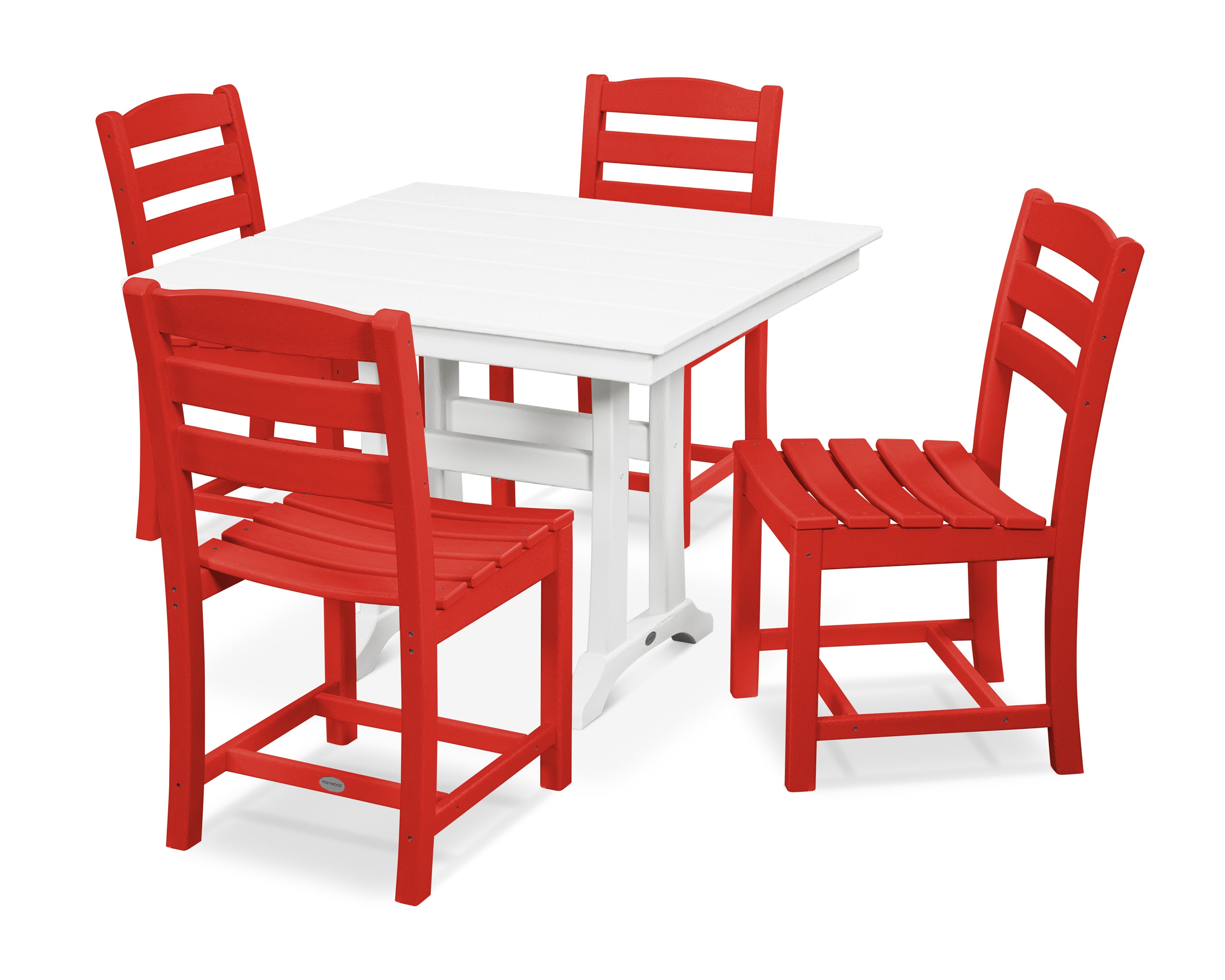 POLYWOOD La Casa Café 5-Piece Farmhouse Trestle Side Chair Dining Set in Sunset Red / White