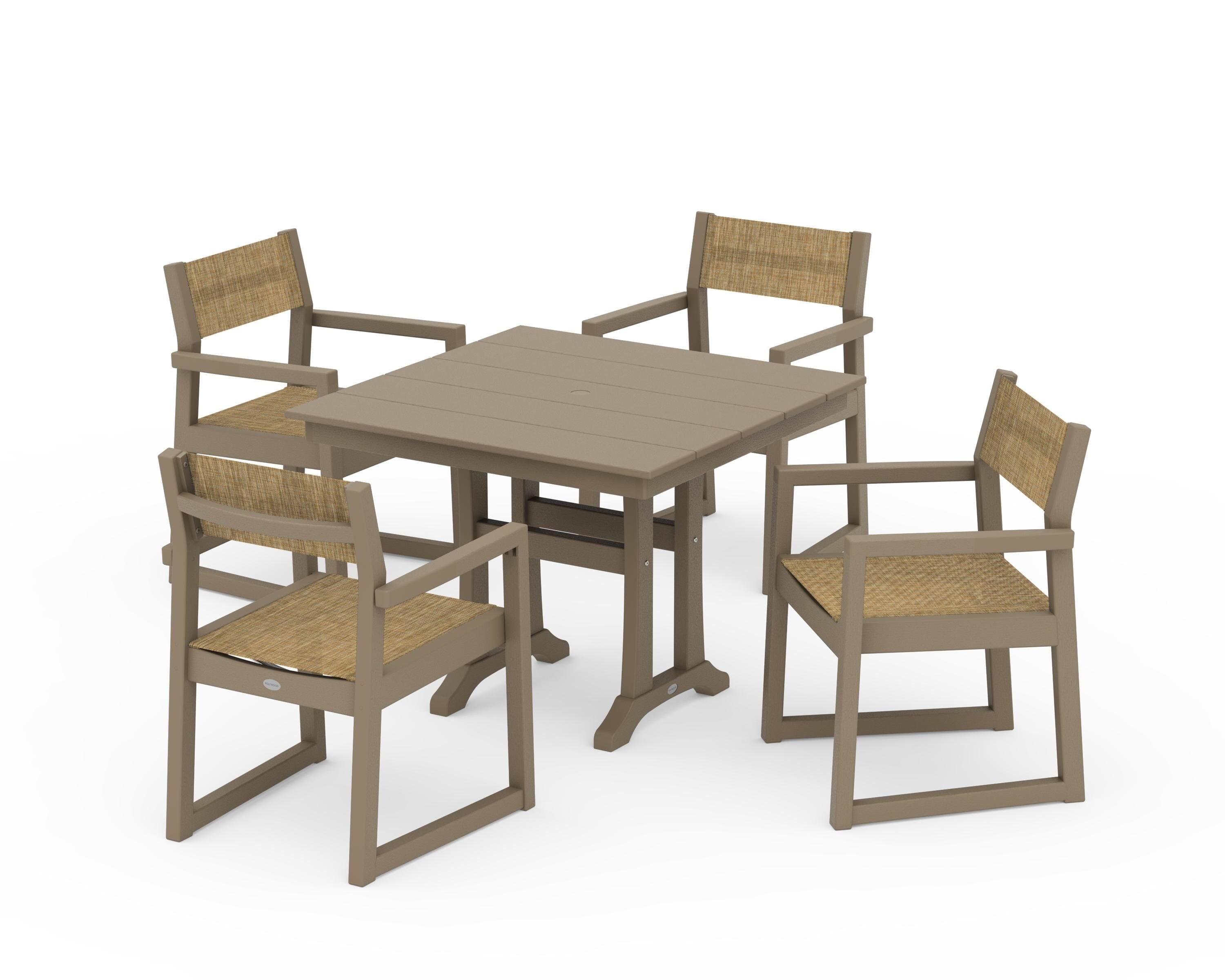 POLYWOOD EDGE Sling 5-Piece Farmhouse Dining Set with Trestle Legs in Vintage Sahara / Burlap Sling