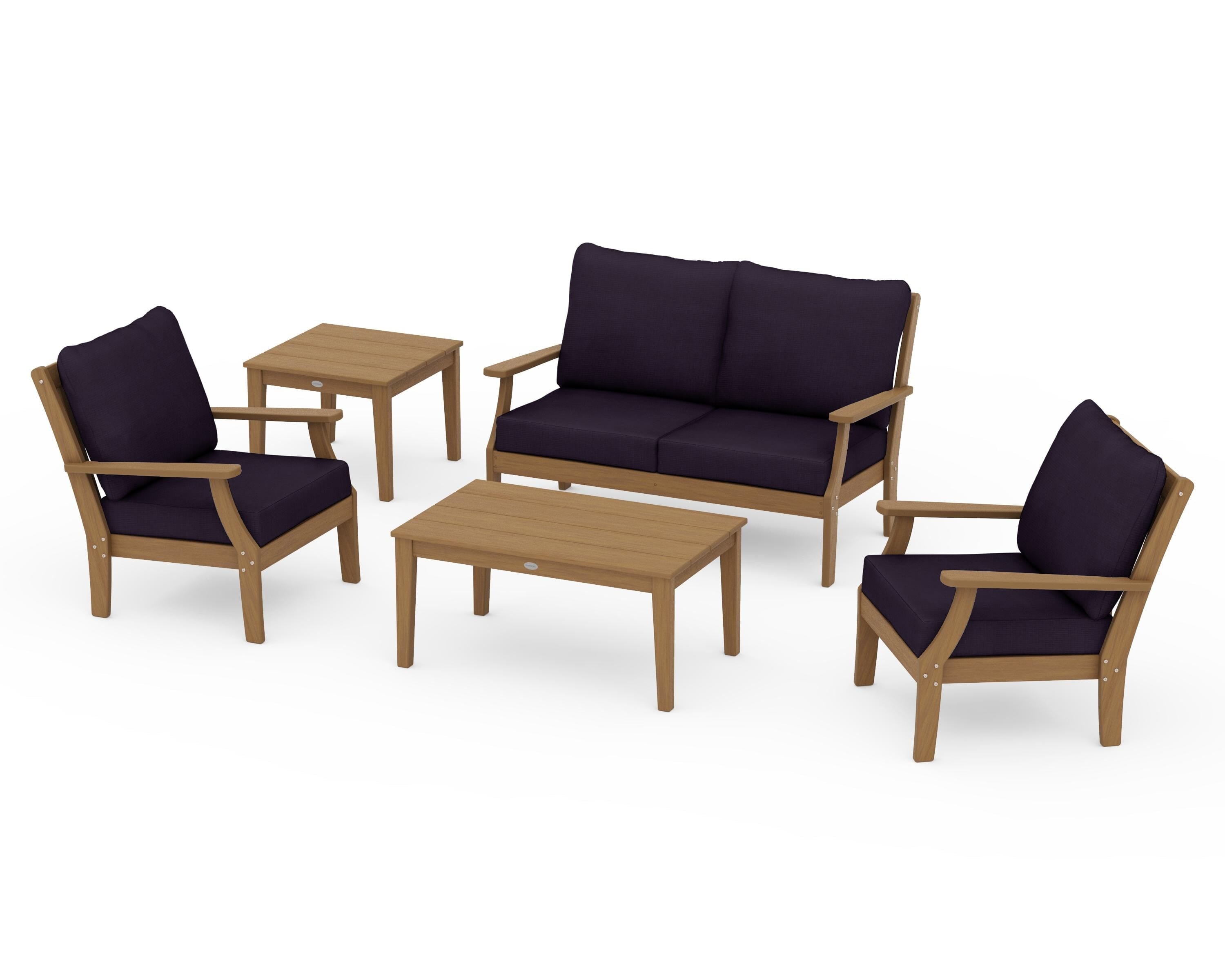 POLYWOOD Braxton 5-Piece Deep Seating Set in Natural / Navy Linen