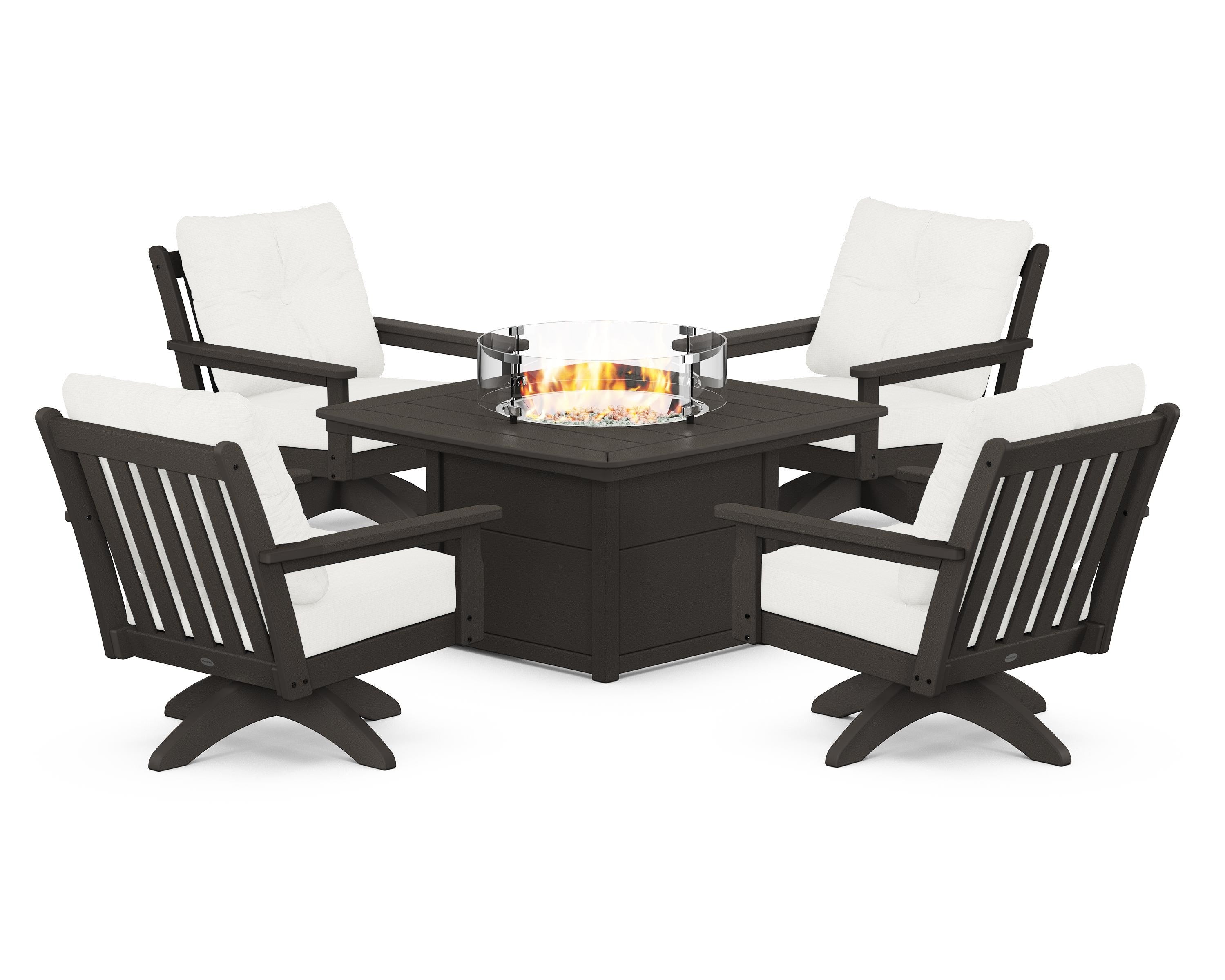 POLYWOOD Vineyard 5-Piece Deep Seating Swivel Conversation Set with Fire Pit Table in Vintage Coffee / Natural Linen