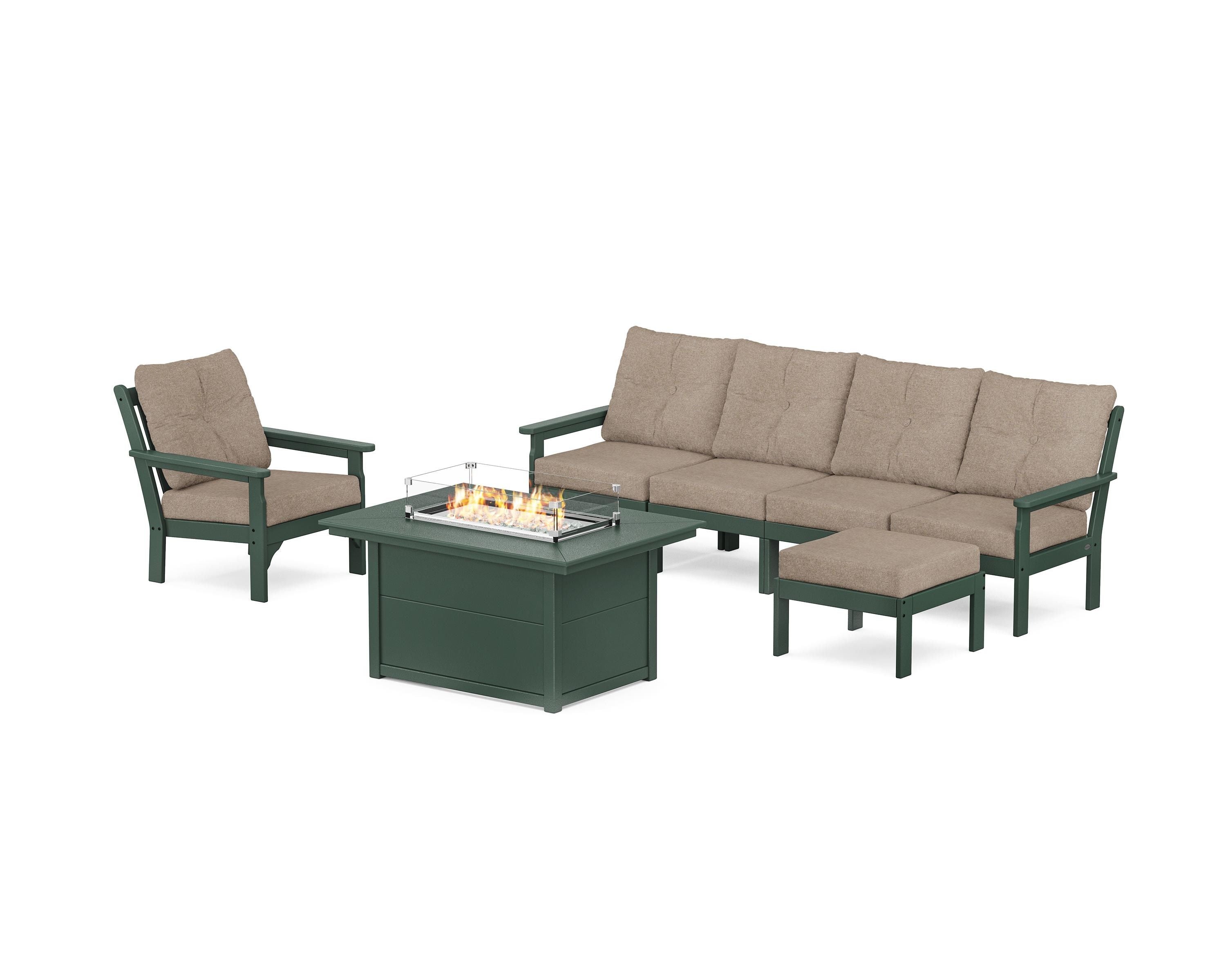 POLYWOOD Vineyard Sectional Lounge and Fire Pit Set in Green / Spiced Burlap