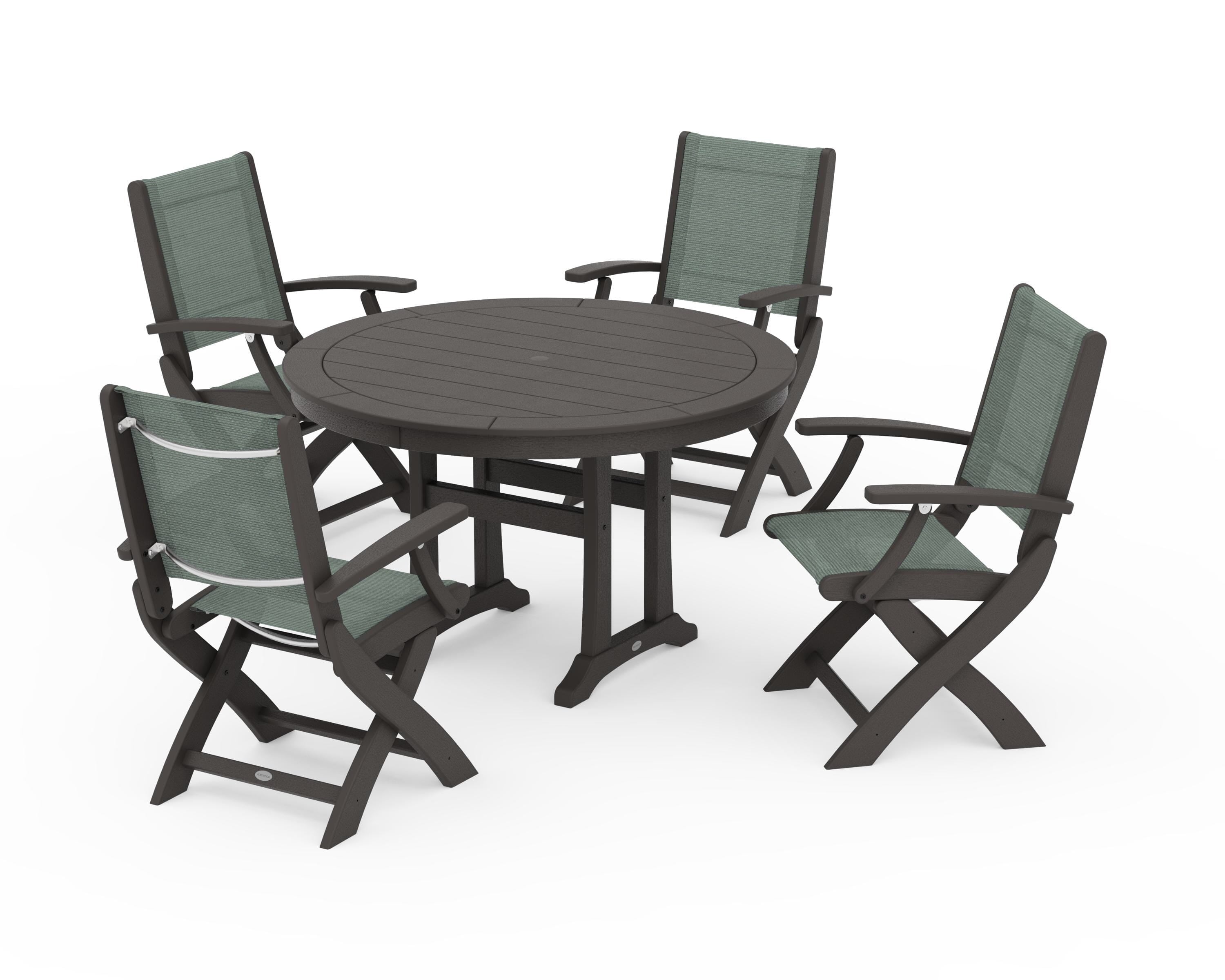 POLYWOOD Coastal Folding Chair 5-Piece Round Dining Set with Trestle Legs in Vintage Coffee / Dupioni Sea Mist Sling