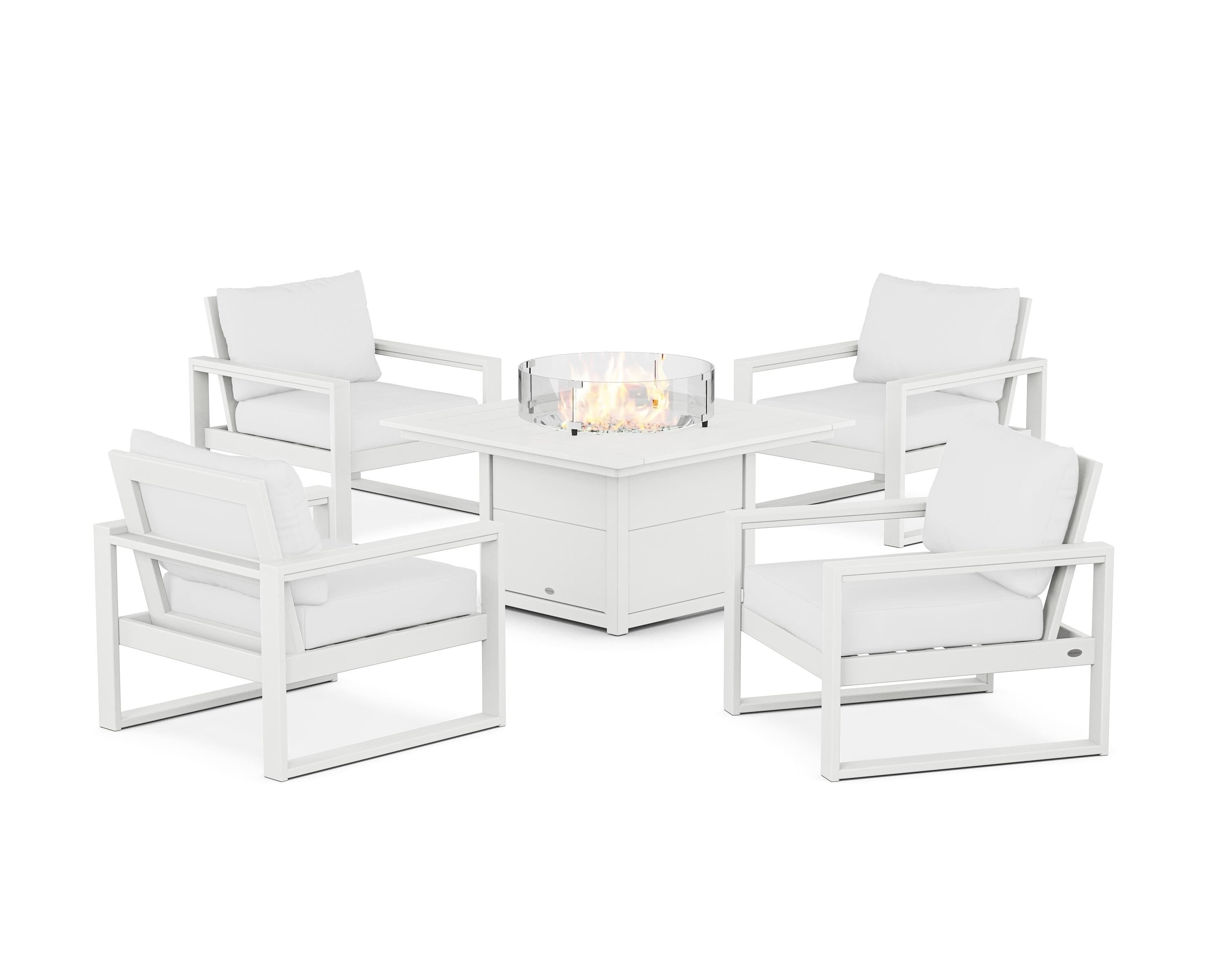 POLYWOOD EDGE Sectional 5-Piece Deep Seating Set with Fire Pit Table in White / Natural