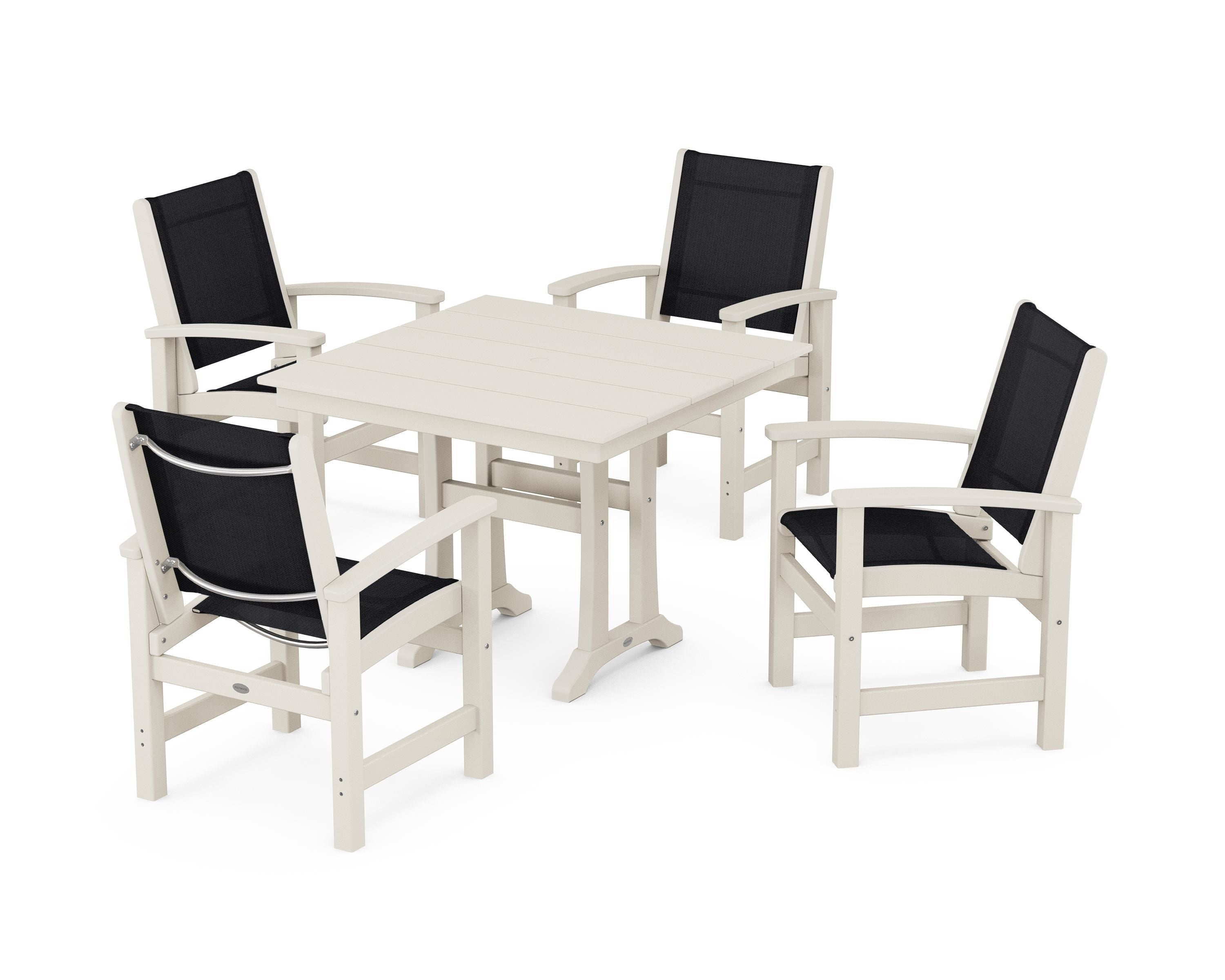 POLYWOOD Coastal 5-Piece Farmhouse Dining Set With Trestle Legs in Sand / Black Sling