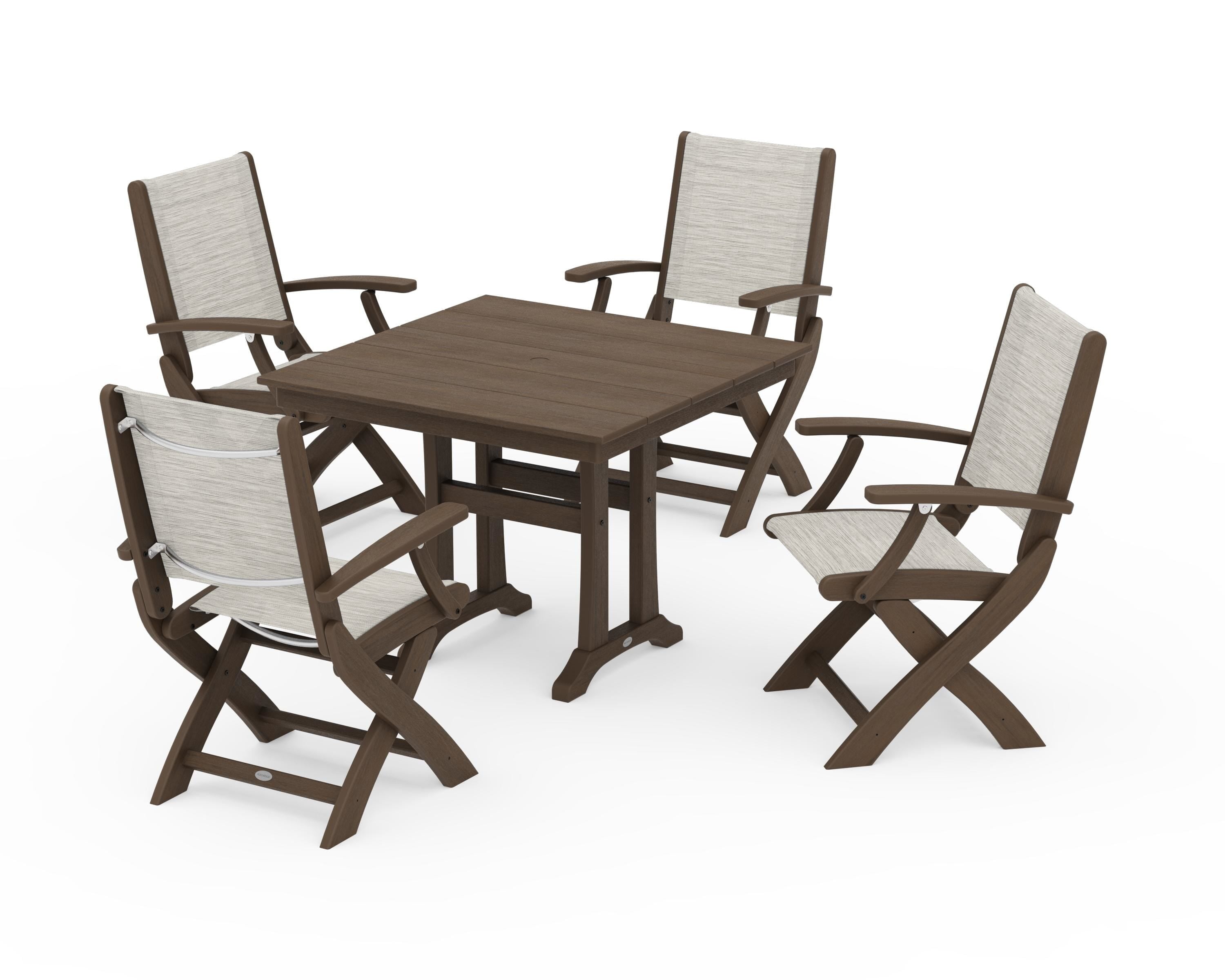POLYWOOD Coastal Folding Chair 5-Piece Farmhouse Dining Set With Trestle Legs in Kona / Birch Sling