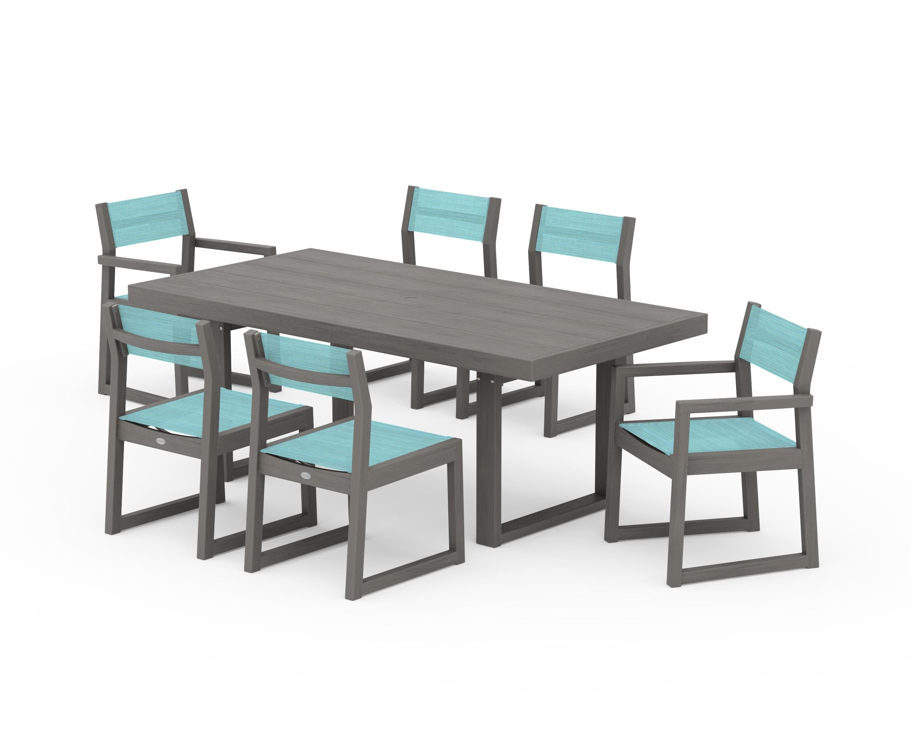 POLYWOOD EDGE Sling 7-Piece Dining Set in Driftwood / Dupioni Aquamarine Sling