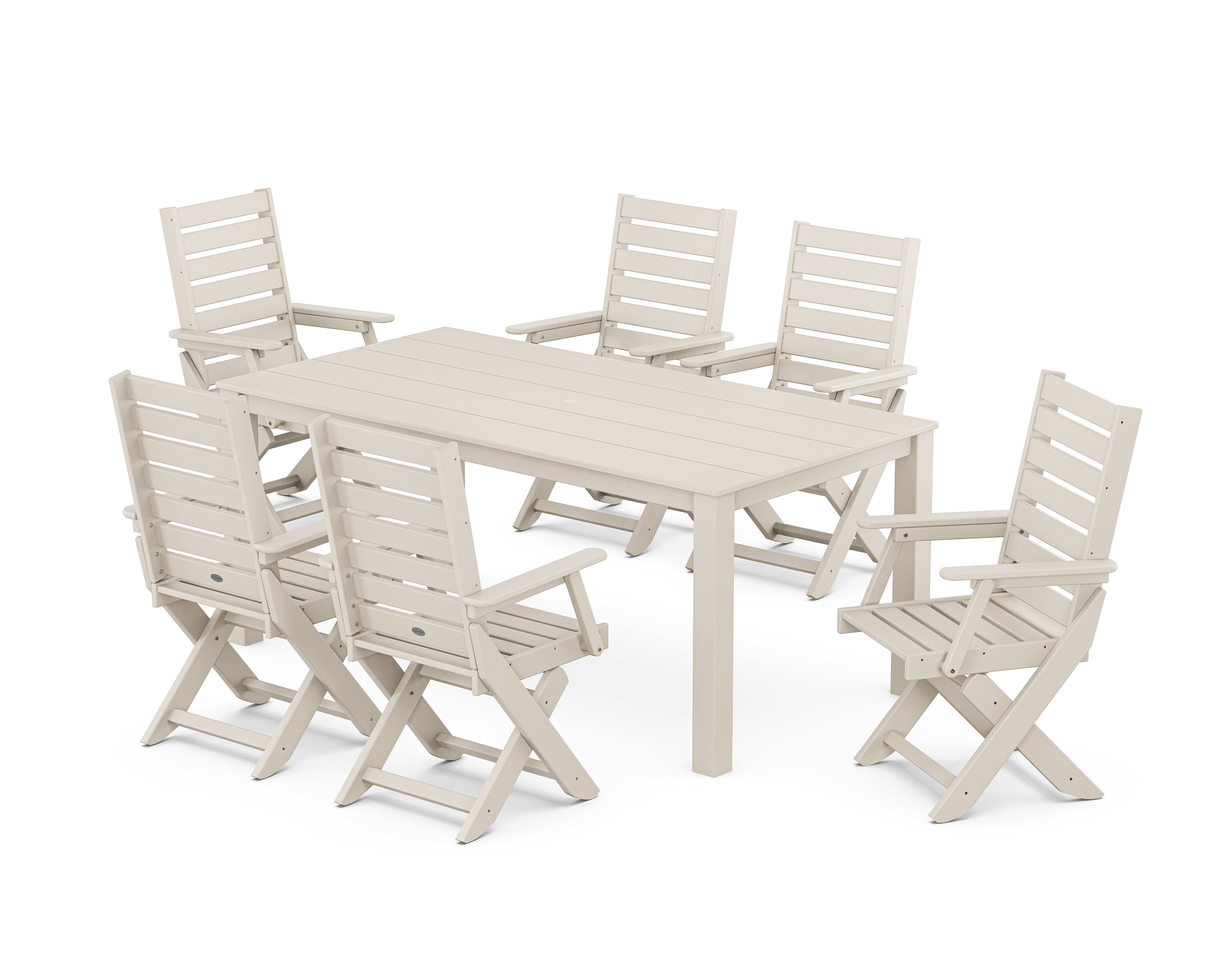 POLYWOOD Captain Folding Chair 7-Piece Parsons Dining Set in Sand