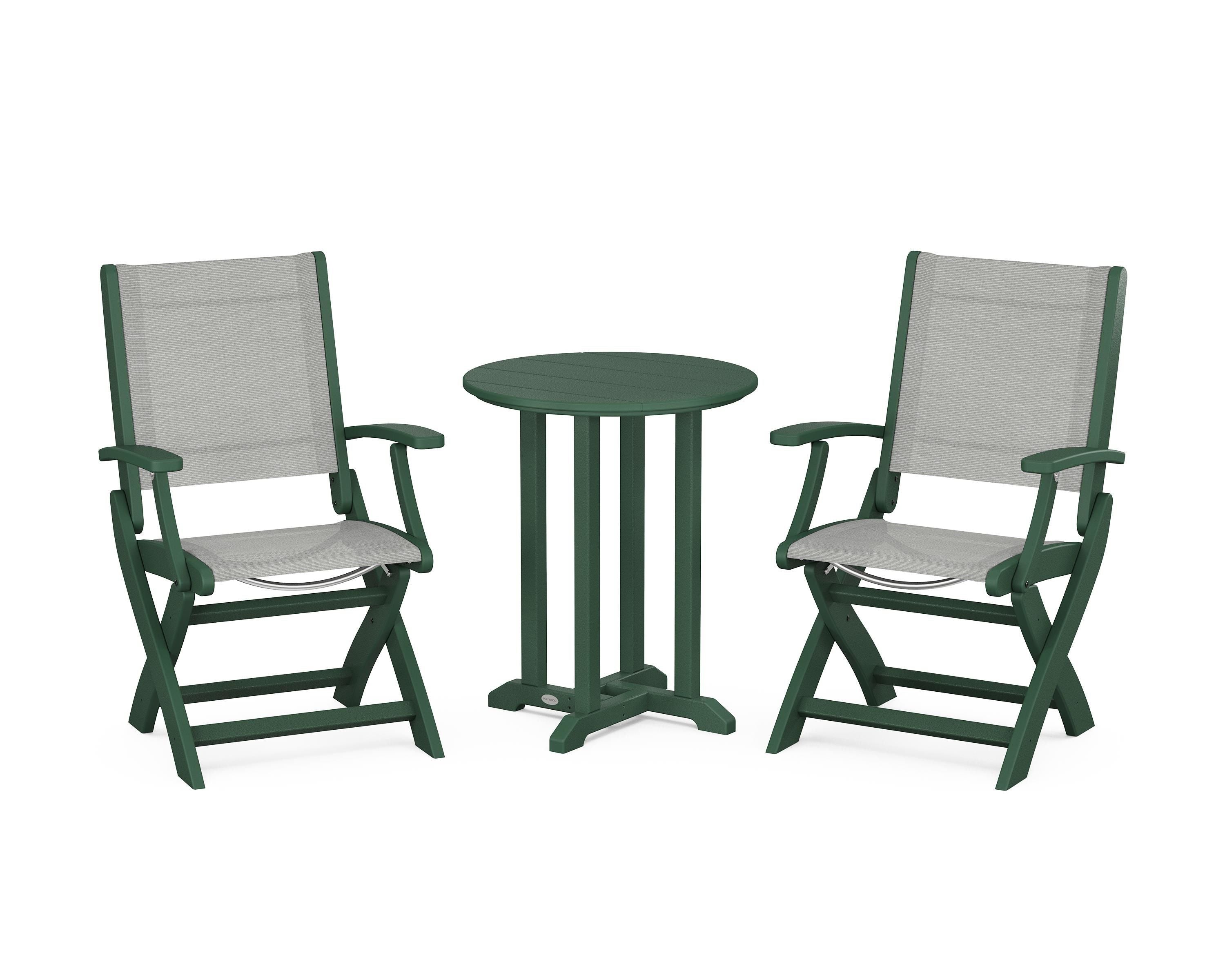 POLYWOOD Coastal Folding 3-Piece Round Bistro Dining Set in Green / Metallic Sling