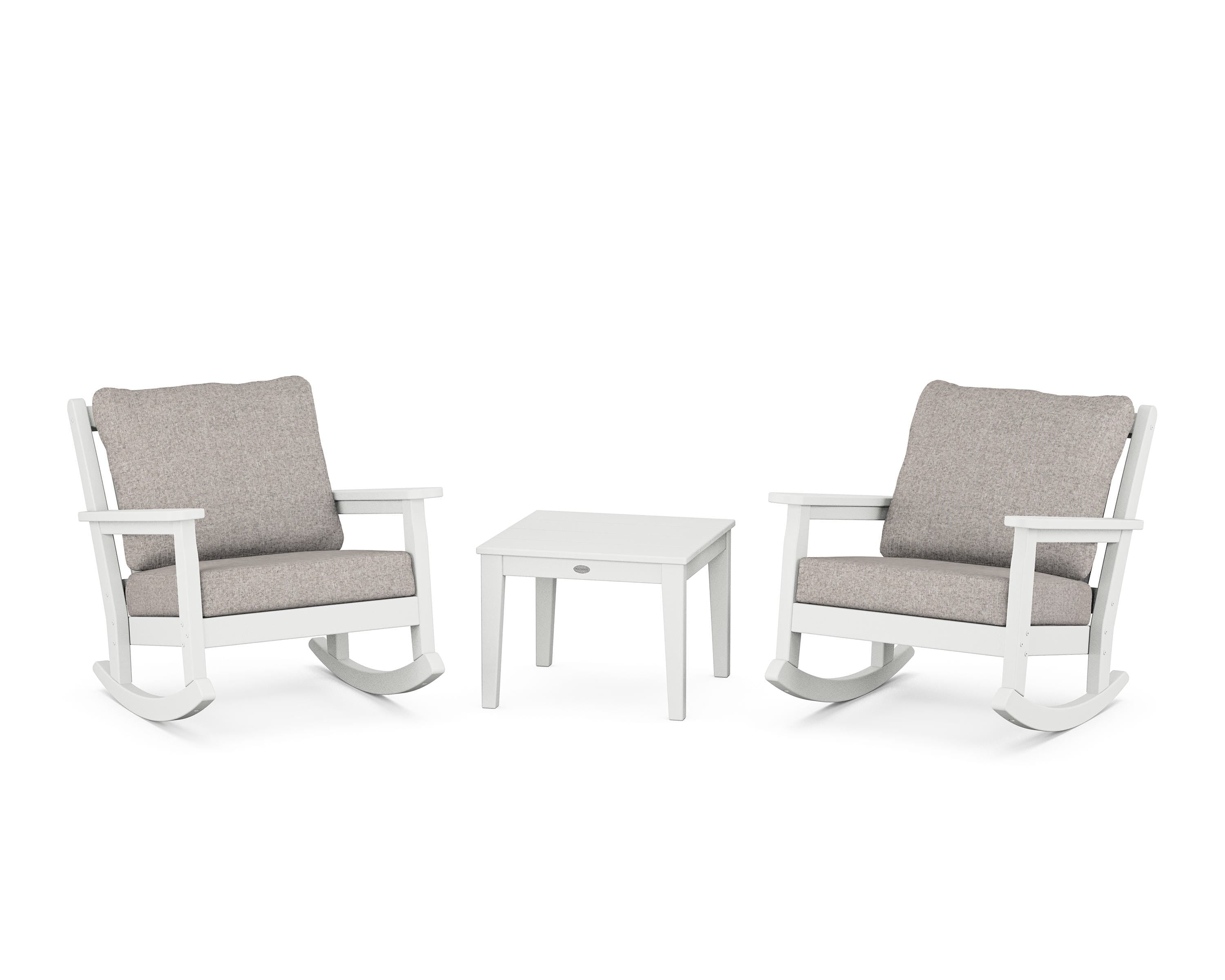 POLYWOOD Chippendale 3-Piece Deep Seating Rocker Set in White / Weathered Tweed