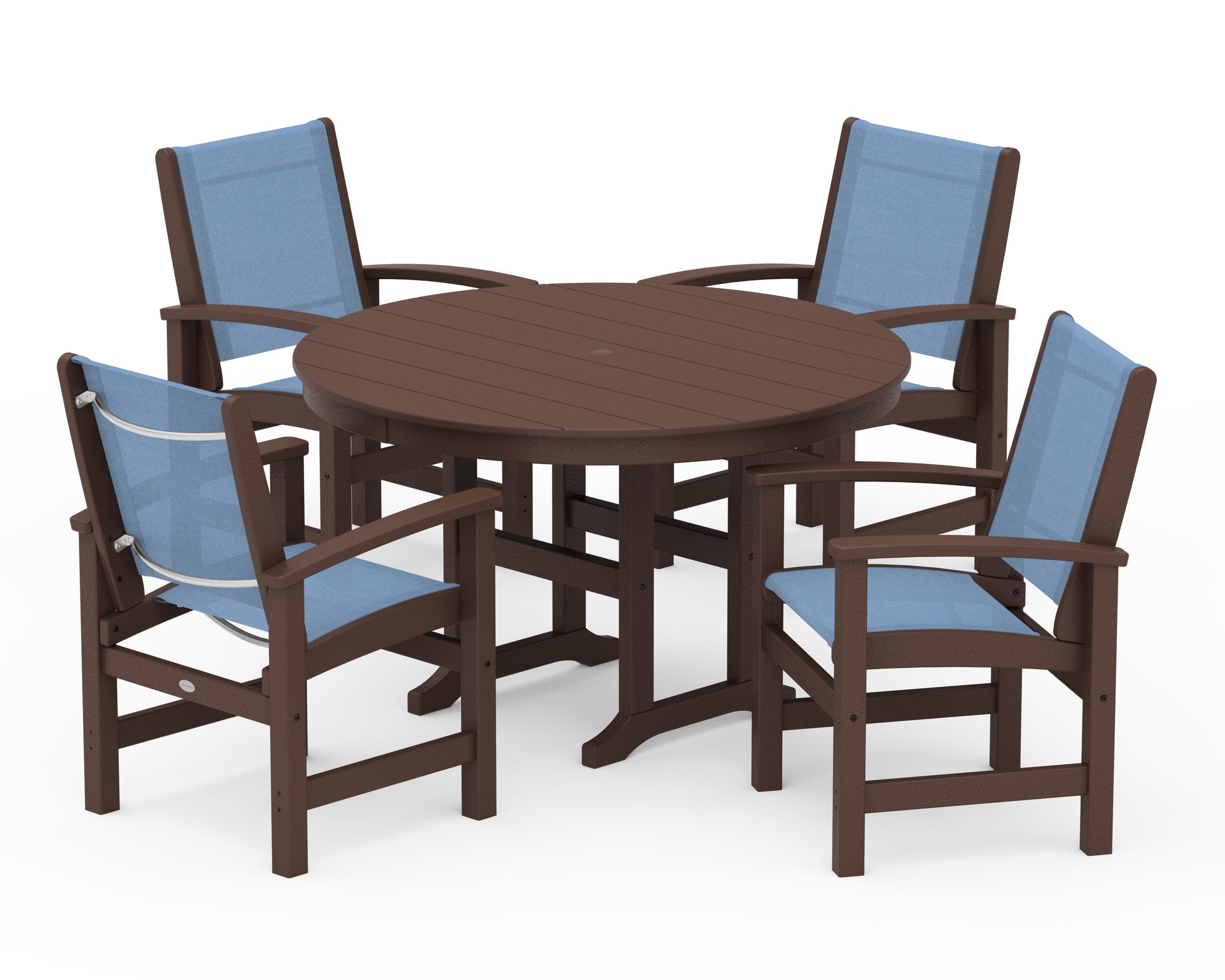 POLYWOOD Coastal 5-Piece Round Farmhouse Dining Set in Mahogany / Poolside Sling