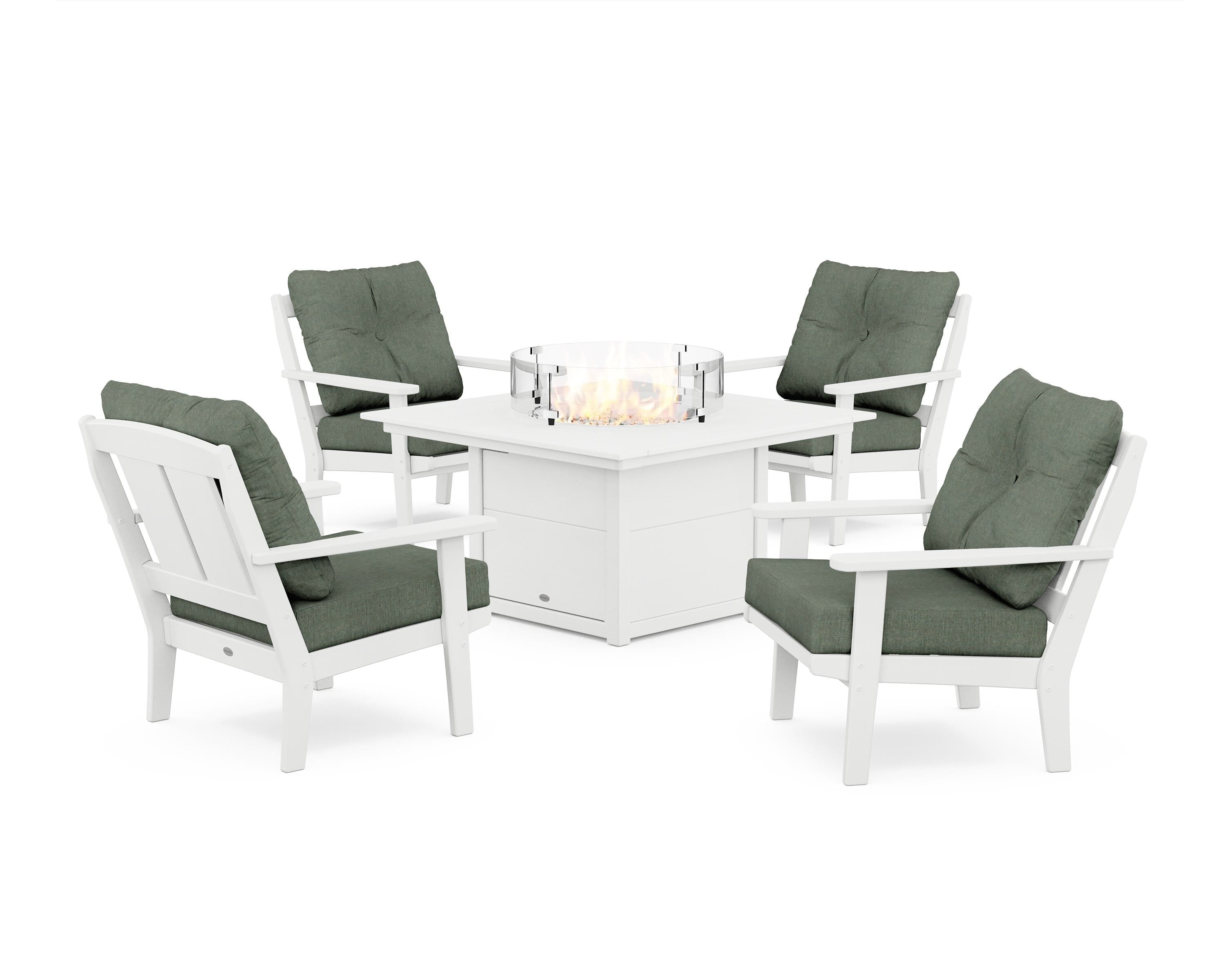 POLYWOOD Mission 5-Piece Deep Seating Set with Fire Pit Table in White / Cast Sage