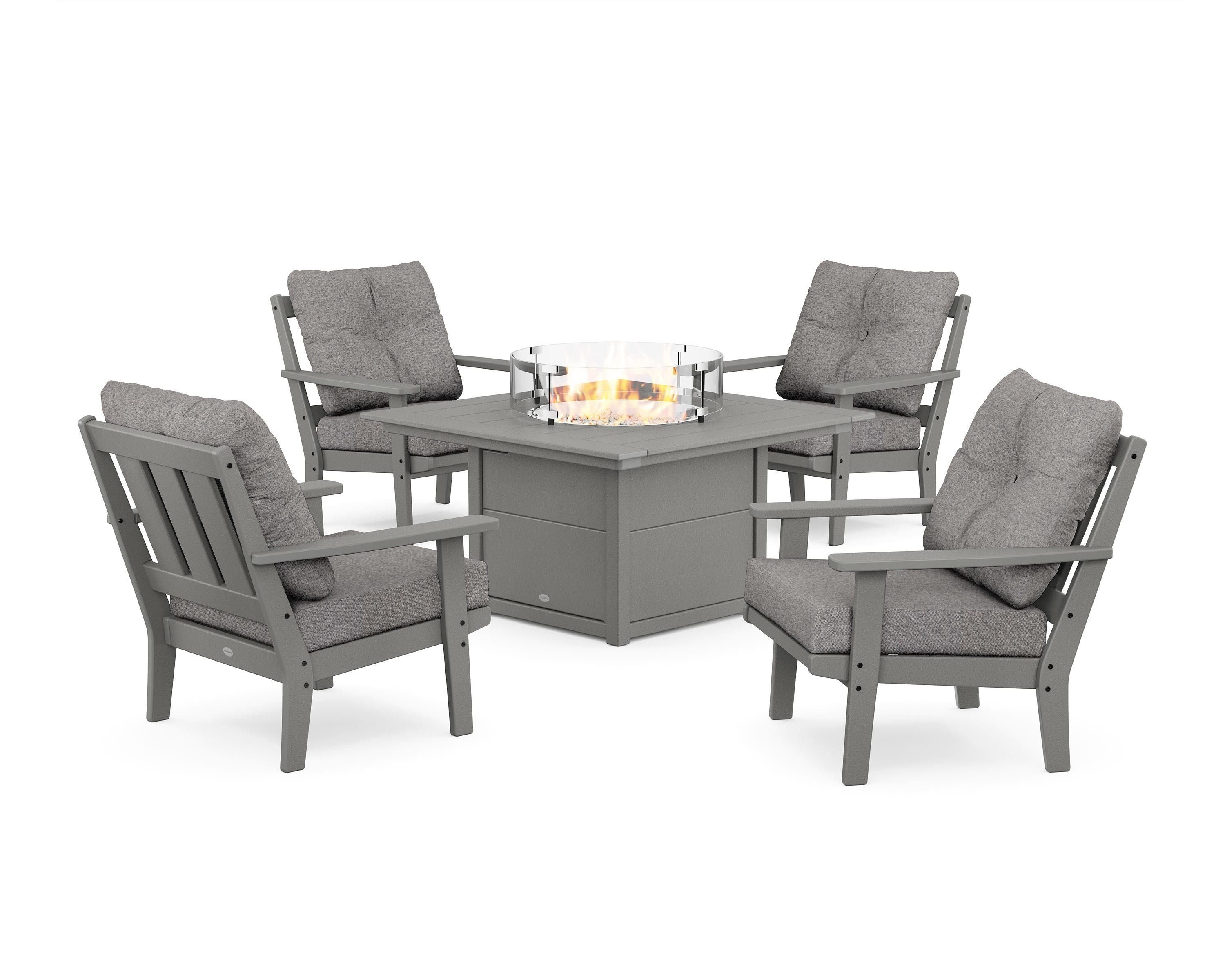 POLYWOOD Oxford 5-Piece Deep Seating Set with Fire Pit Table in Slate Grey / Grey Mist