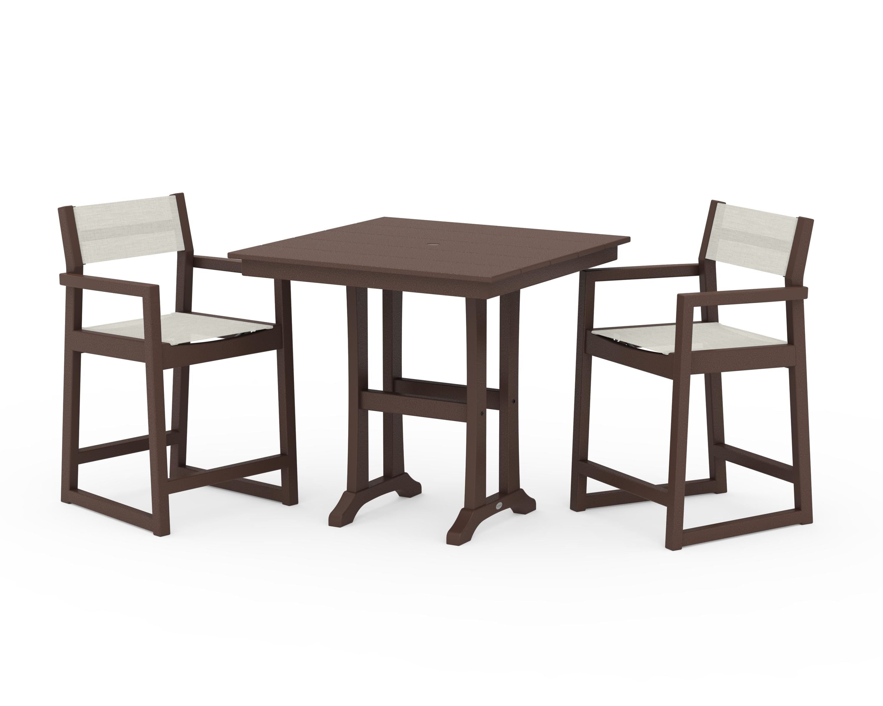 POLYWOOD EDGE Sling Arm Chair 3-Piece Farmhouse Counter Set with Trestle Legs in Mahogany / Parchment Sling